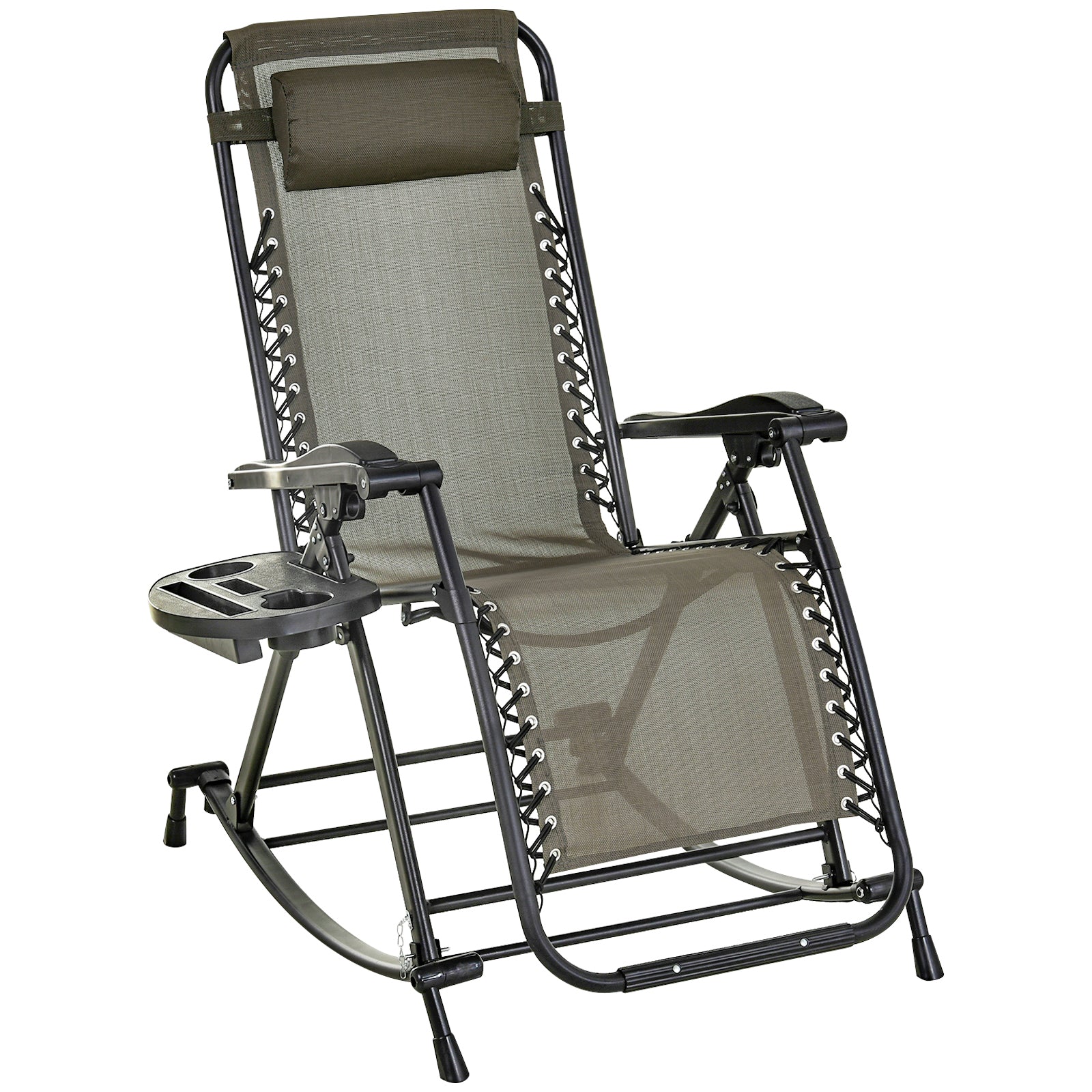 Outsunny Garden Rocking Chair Folding Recliner Outdoor Adjustable Sun Lounger Rocker Zero-Gravity Seat with Headrest Side Holder Patio Deck - Grey - North Peak Garden Furniture