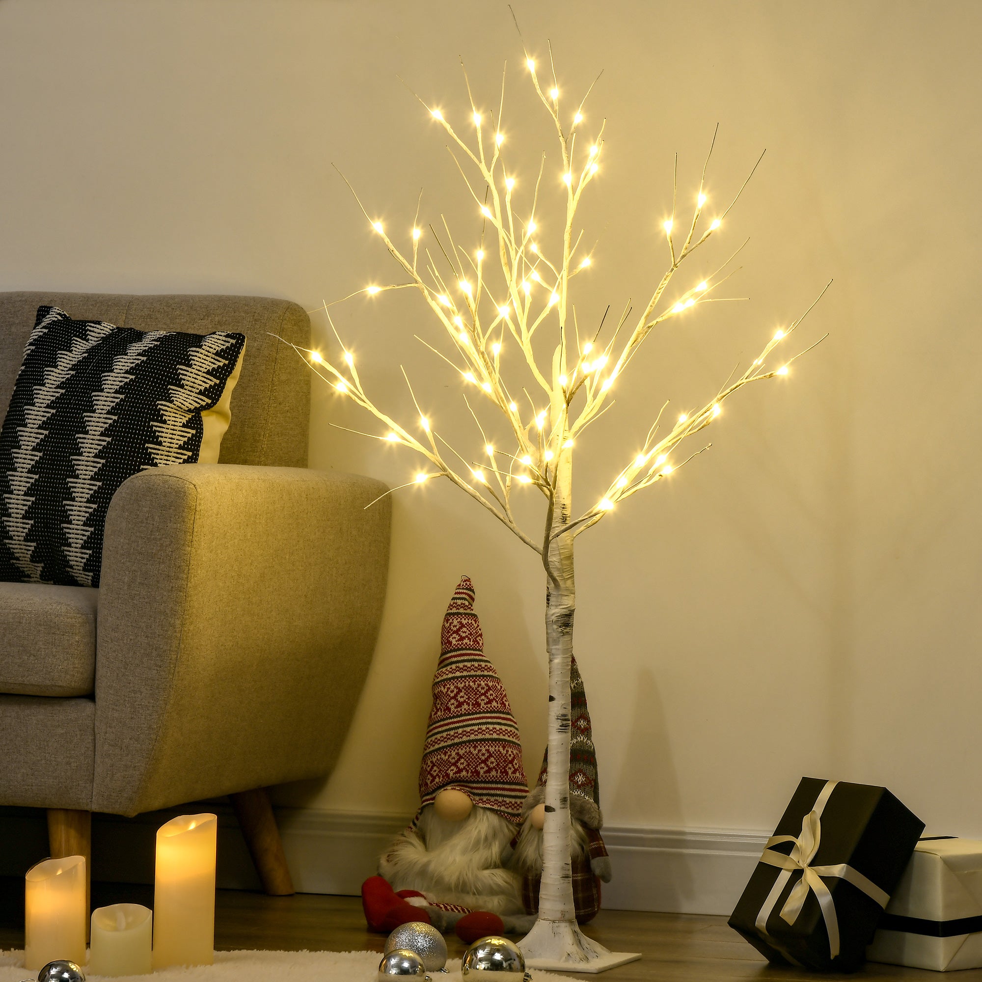 HOMCOM 4ft Artificial White Birch Tree Light with Warm White Pre-Lit LED Light for Indoor and Covered Outdoor Use - North Peak Garden Furniture