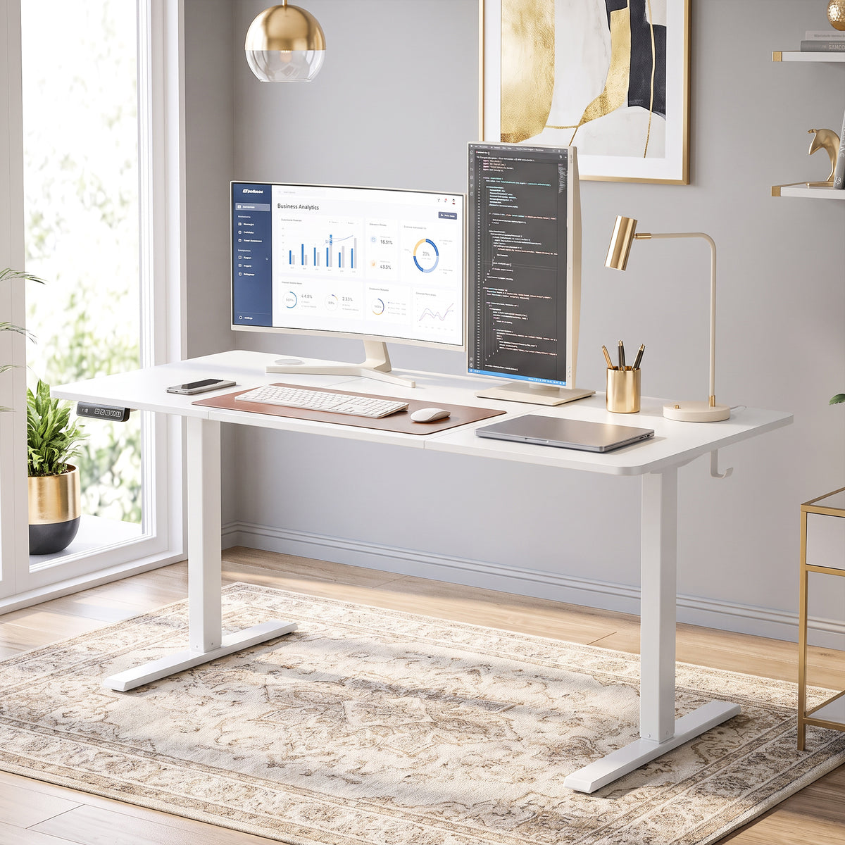 HOMCOM Standing Desk Memory Control Height Adjustable Desk 2 Cable Holes LED Display Sit Stand Desk White