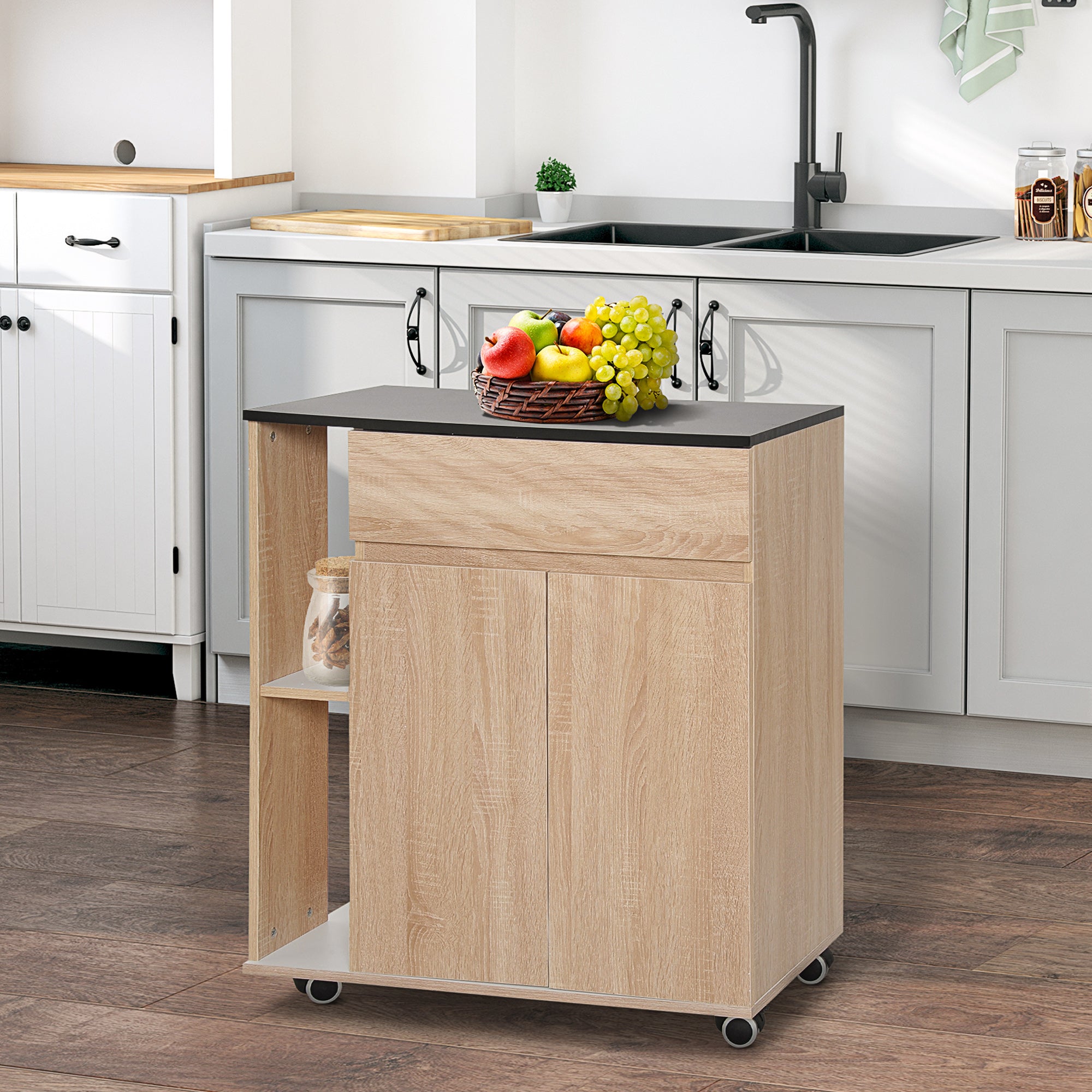 HOMCOM Kitchen Storage Trolley Cart Cupboard Rolling Island Shelves Cabinet With Door and Drawer Locking Wheels - North Peak Garden Furniture