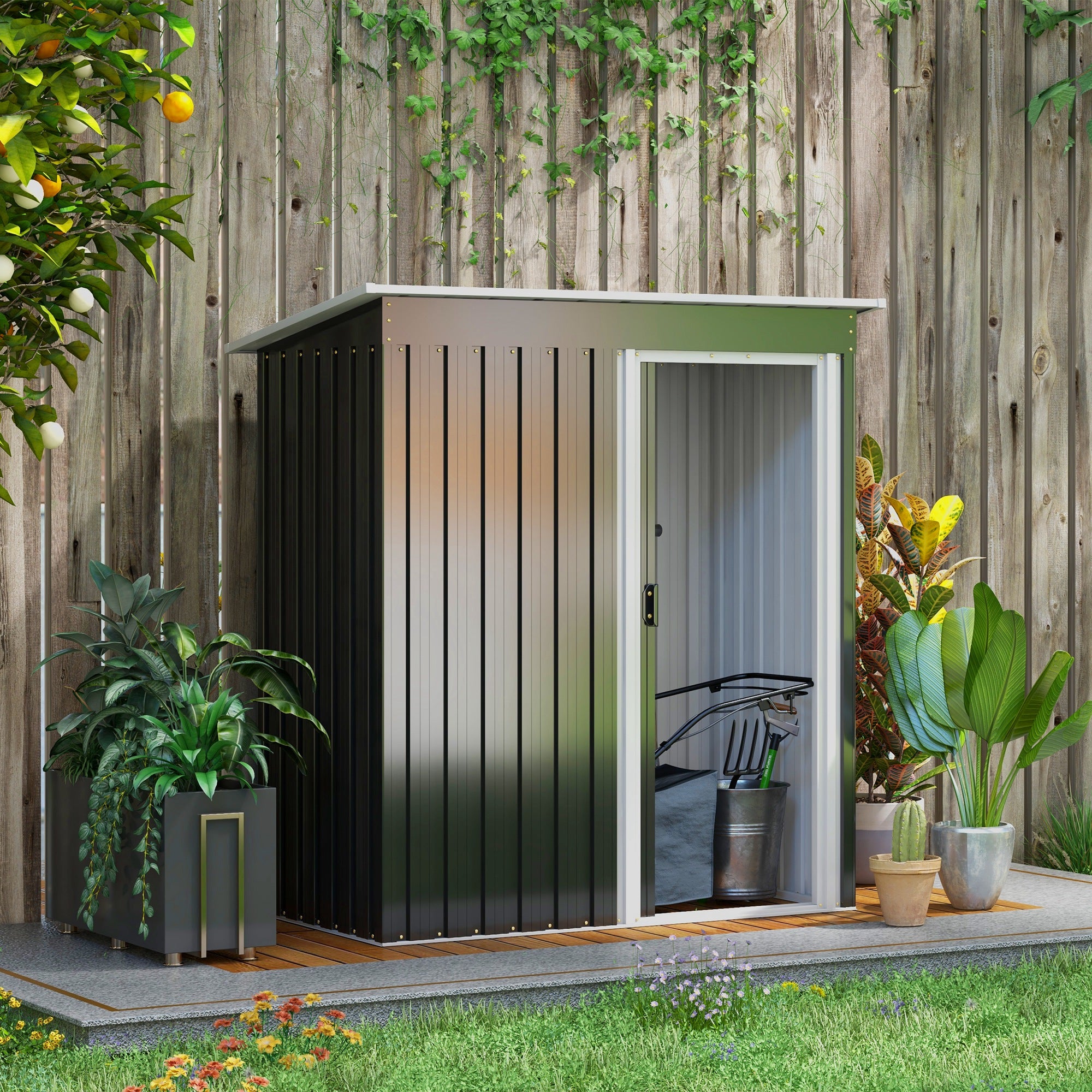 Outsunny 5 x 3ft Garden Storage Shed with Sliding Door and Sloped Roof Outdoor Equipment Tool Backyard, Black