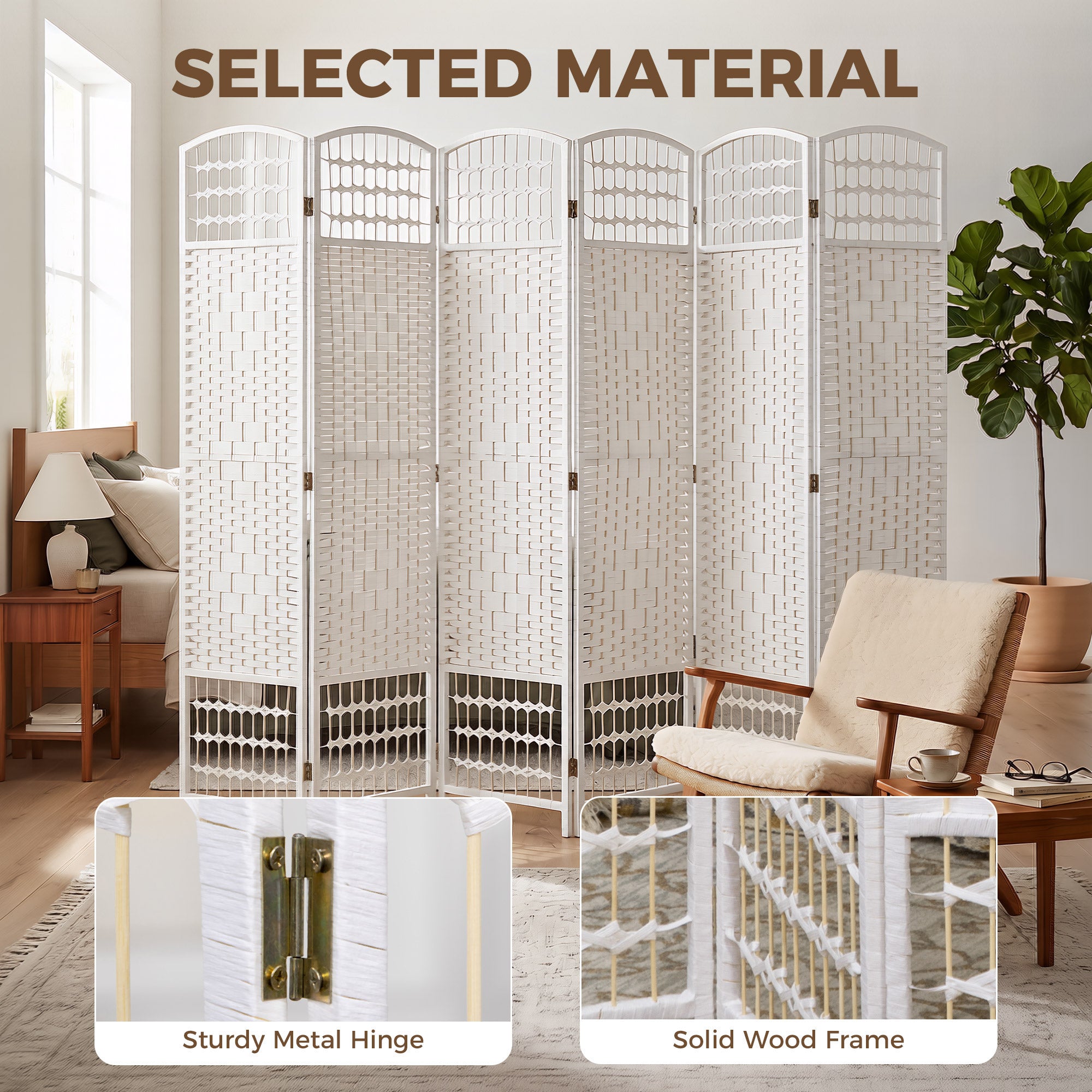 HOMCOM 6 Panel Folding Room Divider, Privacy Screen, Paravent Partition Separator for Living Room, Bedroom, White