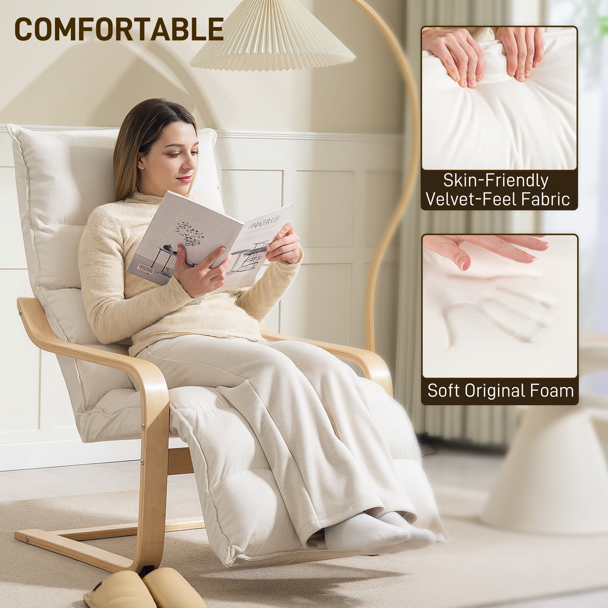 HOMCOM Curved Wooden Accent Chair, with Adjustable Footrest - Cream White - North Peak Garden Furniture