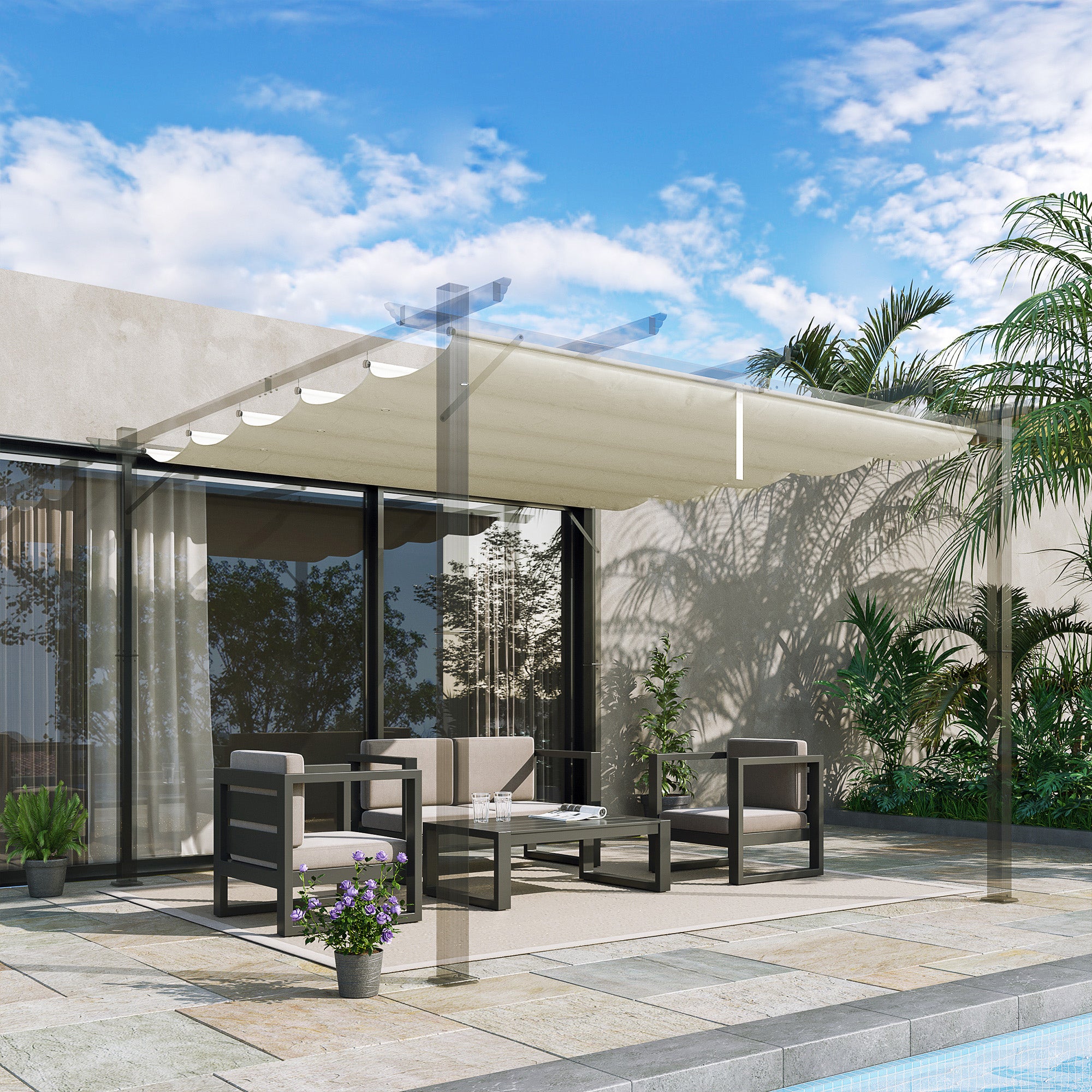 Outsunny Retractable Pergola Shade Cover, Replacement Canopy Fabric for 3 x 3 (m) Pergola, Gazebo Retractable Roof, Cream White - North Peak Garden Furniture