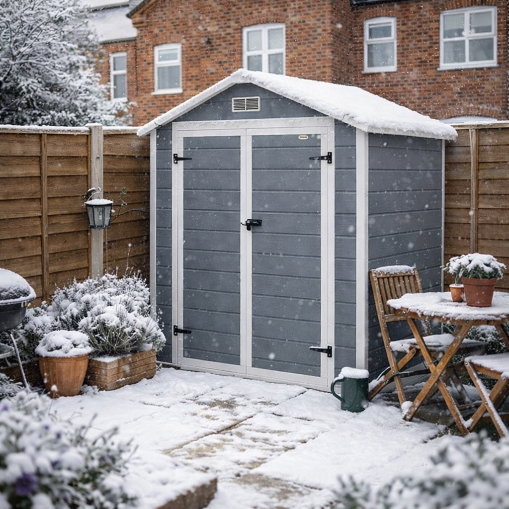 Outsunny 6'x4.5' Garden Storage Shed, Lockable Garden Shed with Double Doors, Window, Vent and Plastic Roof, Grey