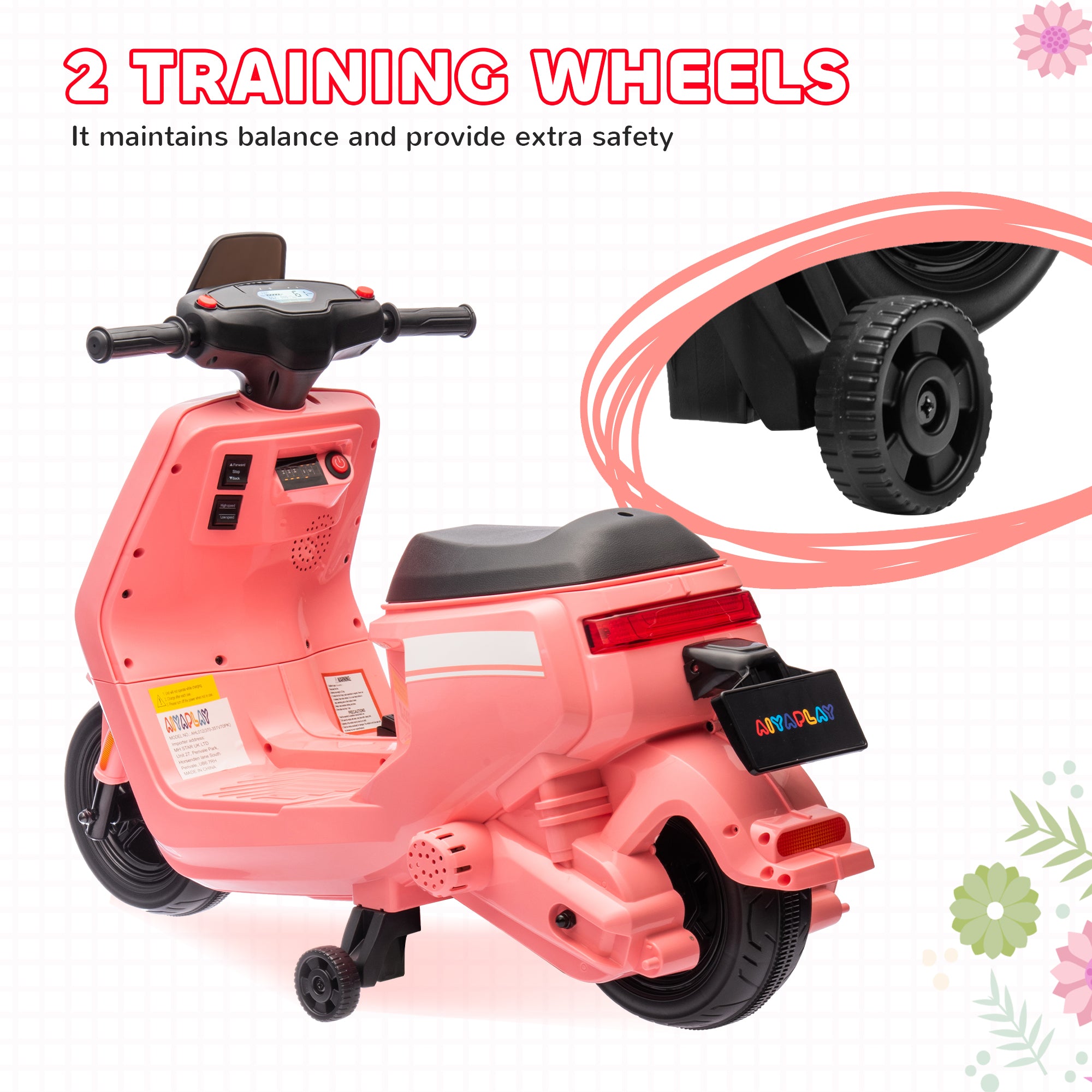 AIYAPLAY 6V Ride on Motorbike Kids Electric Motorbike w/ Headlight Music, Training Wheels, for Ages 18-36 Months - Pink