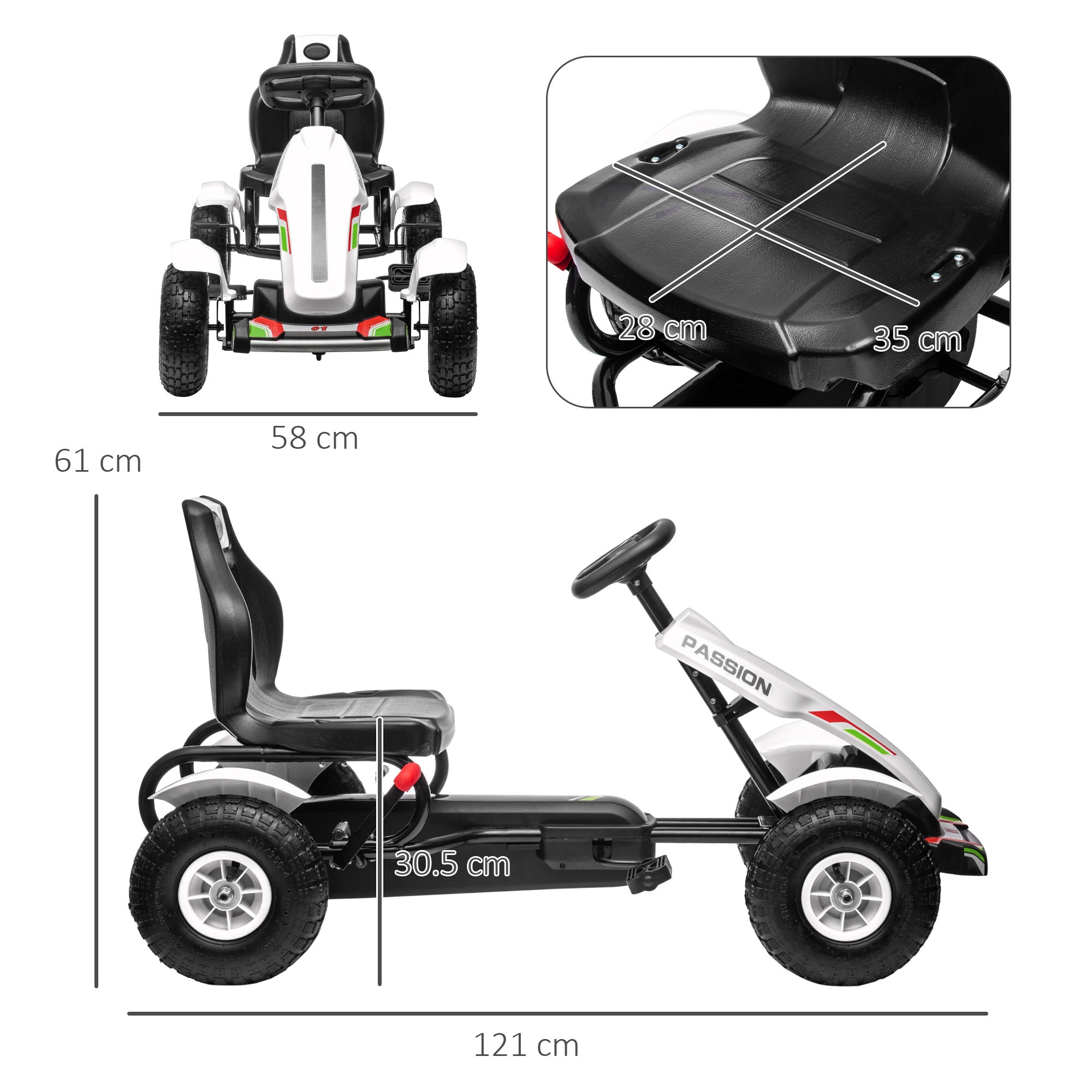 HOMCOM Children Pedal Go Kart, Kids Ride On Racer with Adjustable Seat, Inflatable Rubber Tyres, Handbrake, for Ages 5-12 Years - White - North Peak Garden Furniture