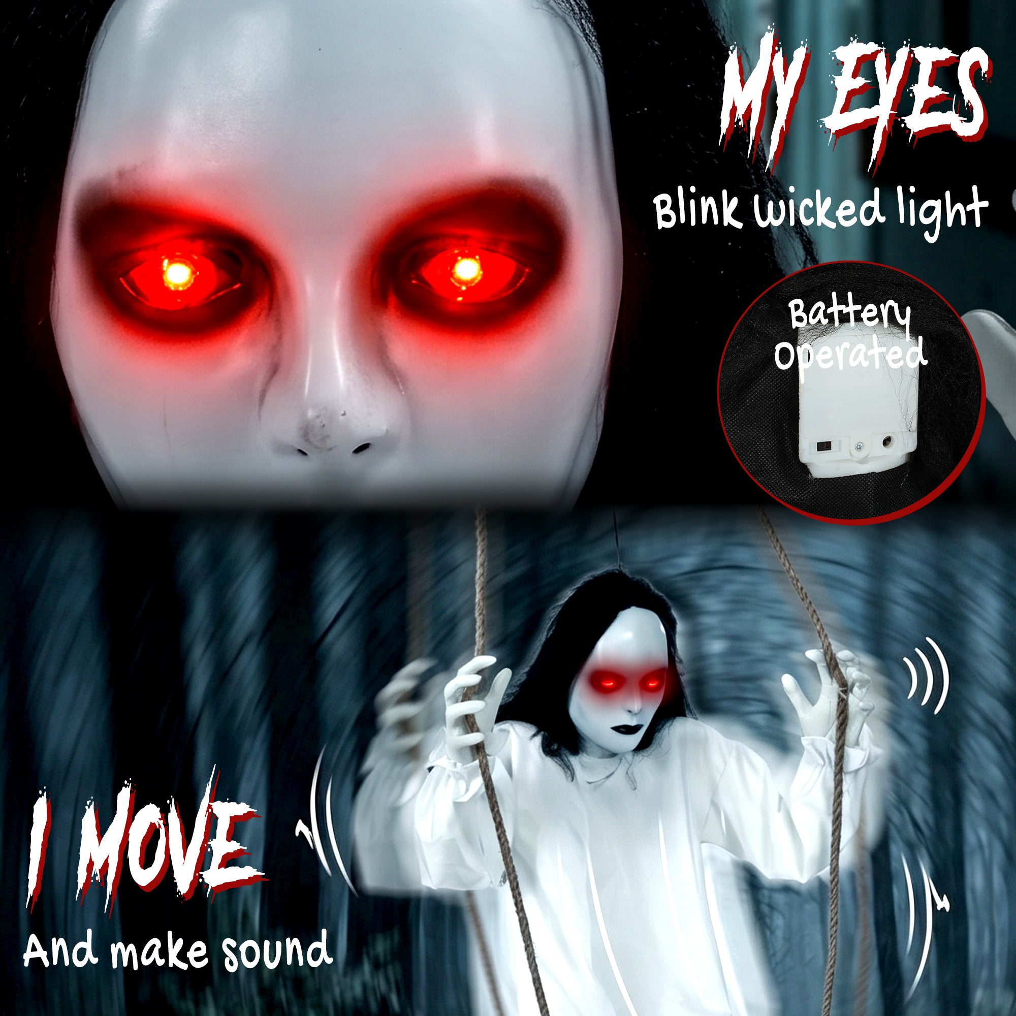 HOMCOM 170cm Animated Hanging Swing Ghost Halloween Decoration, Sound Touch Activated Ghost Halloween Animatronic