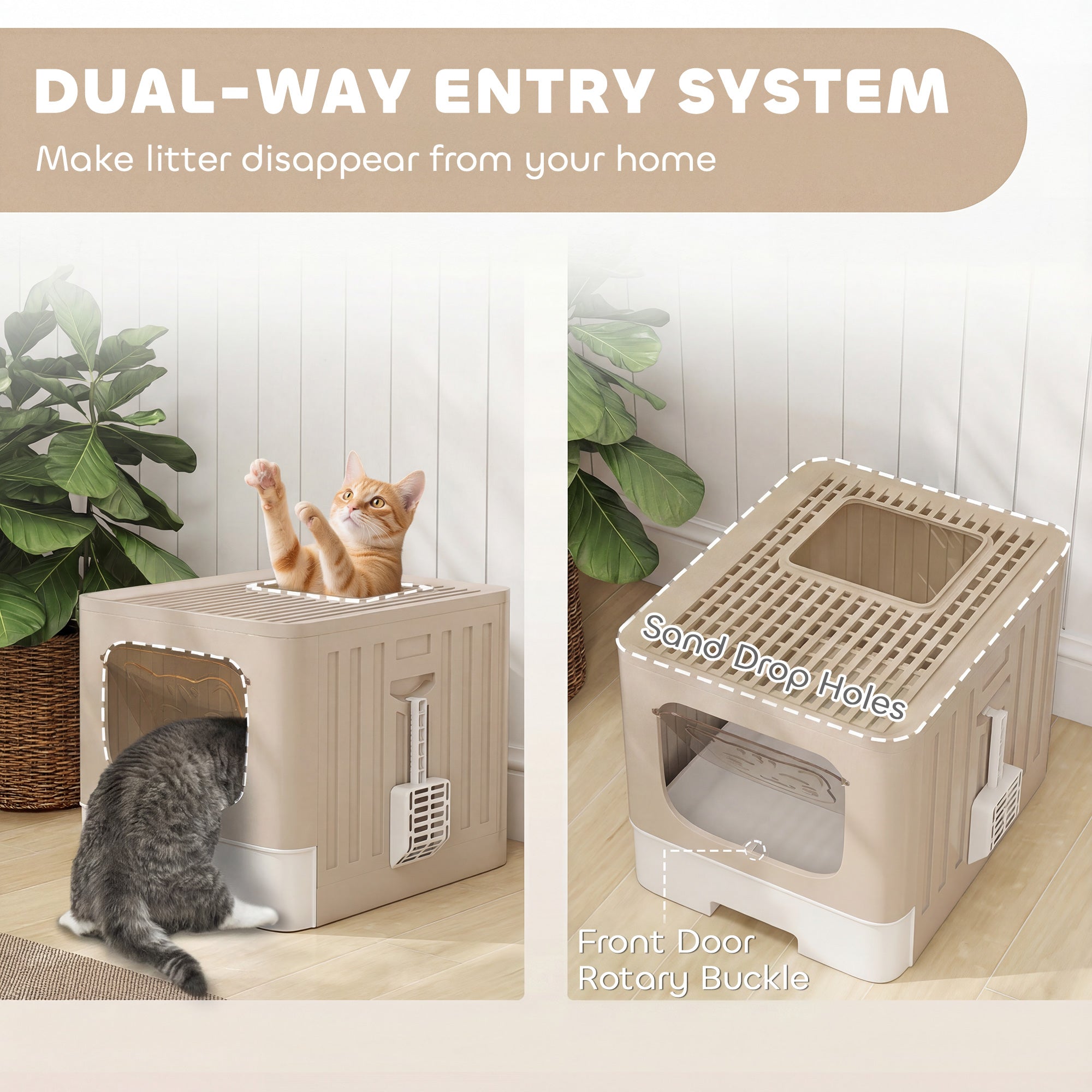 PawHut Foldable Cat Litter Box with Lid, Slide-Out Drawer, Scoop, Easy Clean, Odour Control, Anti-Splashing, Khaki