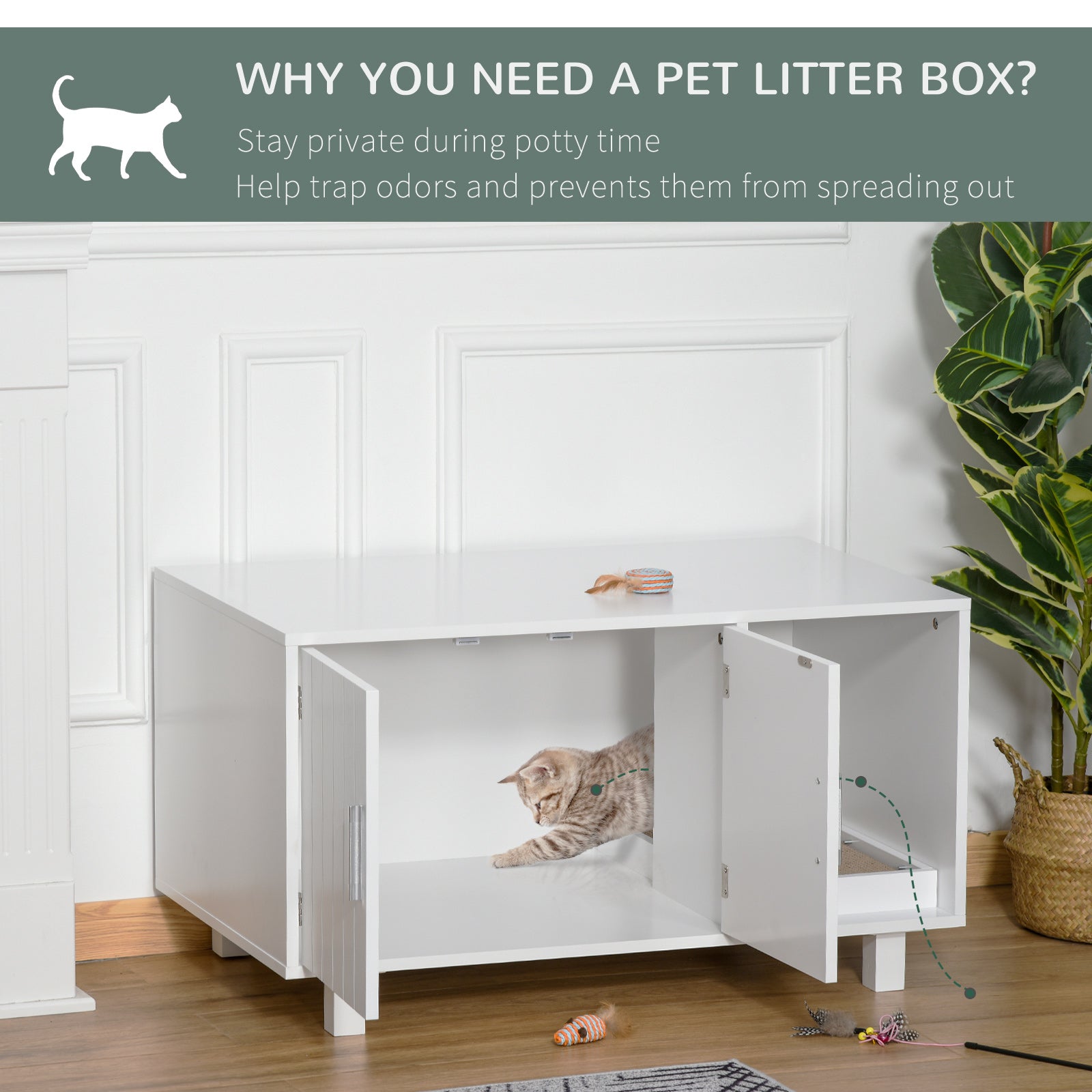 PawHut Wooden Cat Litter Box Enclosure & House with Nightstand/End Table Design, Scratcher, & Magnetic Doors, White - North Peak Garden Furniture