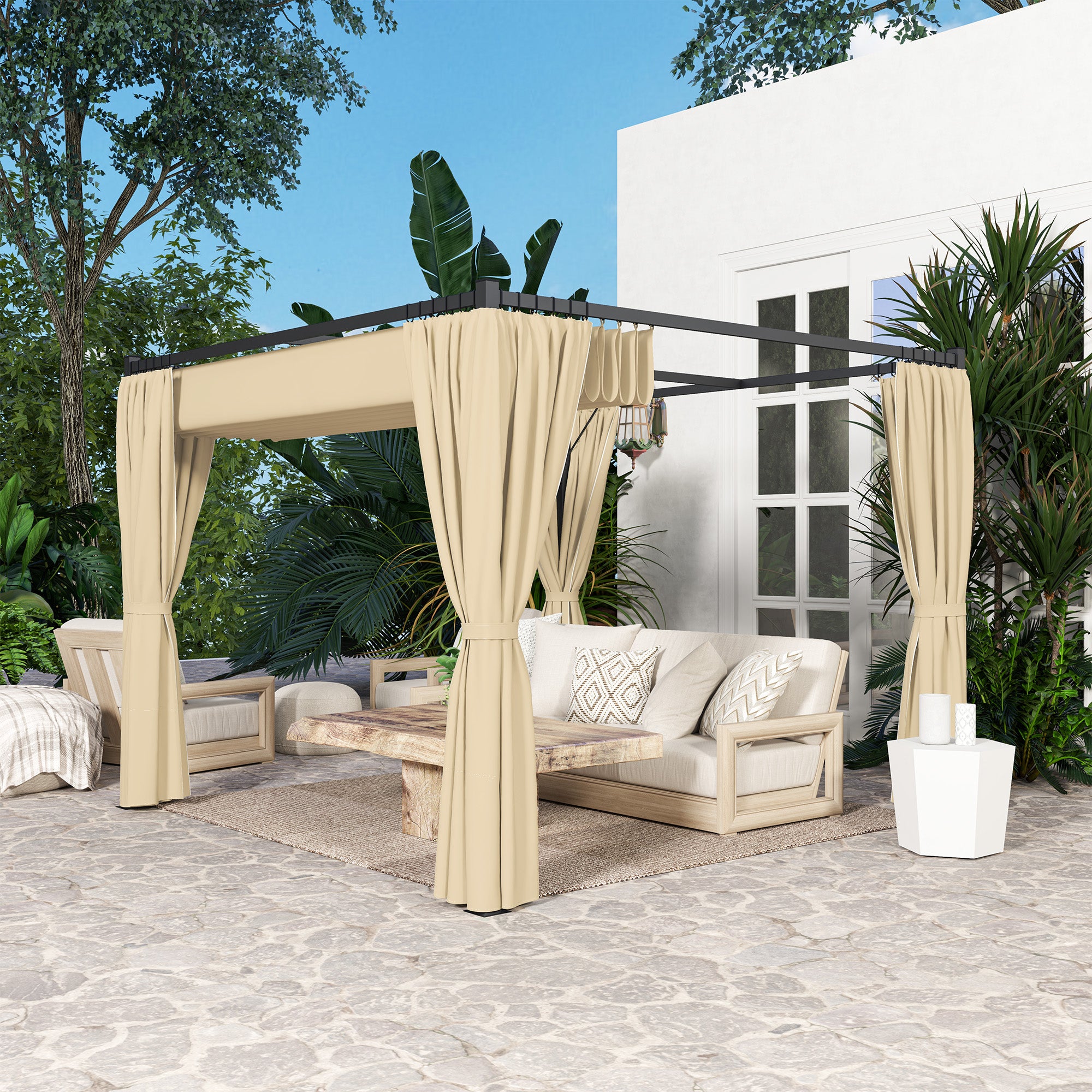 Outsunny 3 x 3m Retractable Roof Pergola, with Curtains - Khaki - North Peak Garden Furniture
