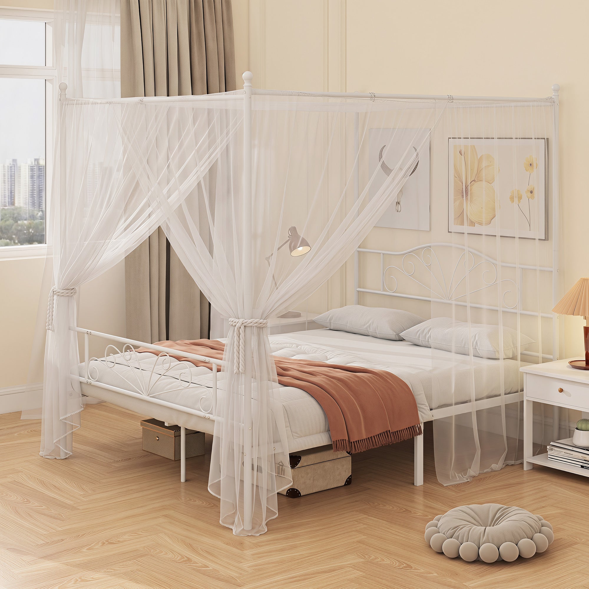 HOMCOM Canopy Bed Frame King Size, Metal Platform Bed Frame with Headboard and Footboard, Underbed Storage, White