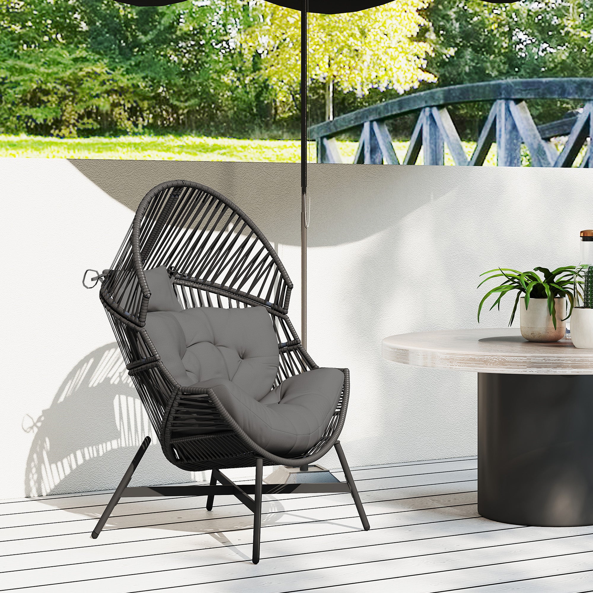 Outsunny Standing Rattan Egg Chair Outdoor, Oversized Wicker Garden Egg Chair with Thick Tufted Cushion, Headrest, Steel Frame, Charcoal Grey