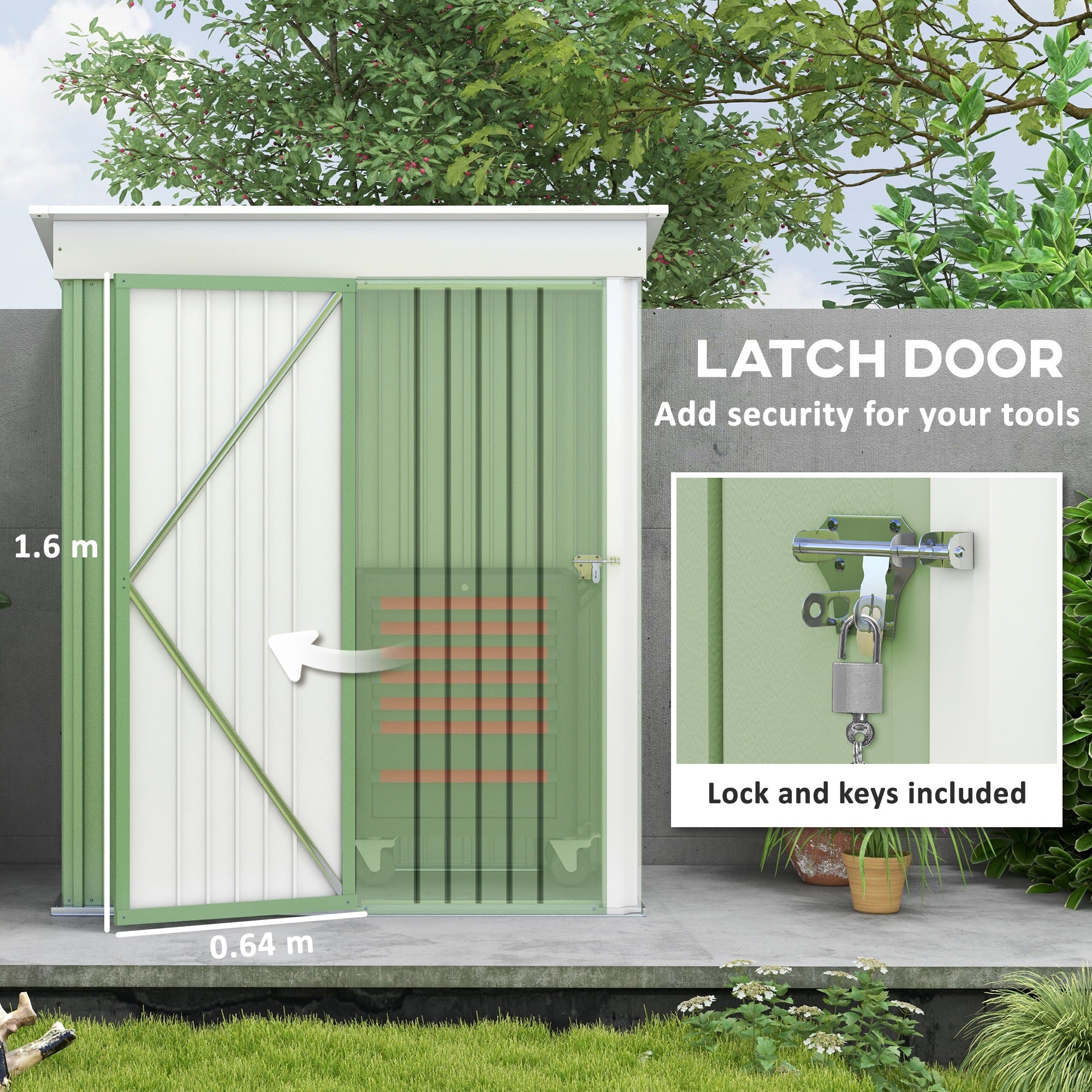 Outsunny Metal Garden Shed, Outdoor Lean-to Shed for Tool Motor Bike, with Adjustable Shelf, Lock, Gloves, 5'x3'x6', Green - North Peak Garden Furniture