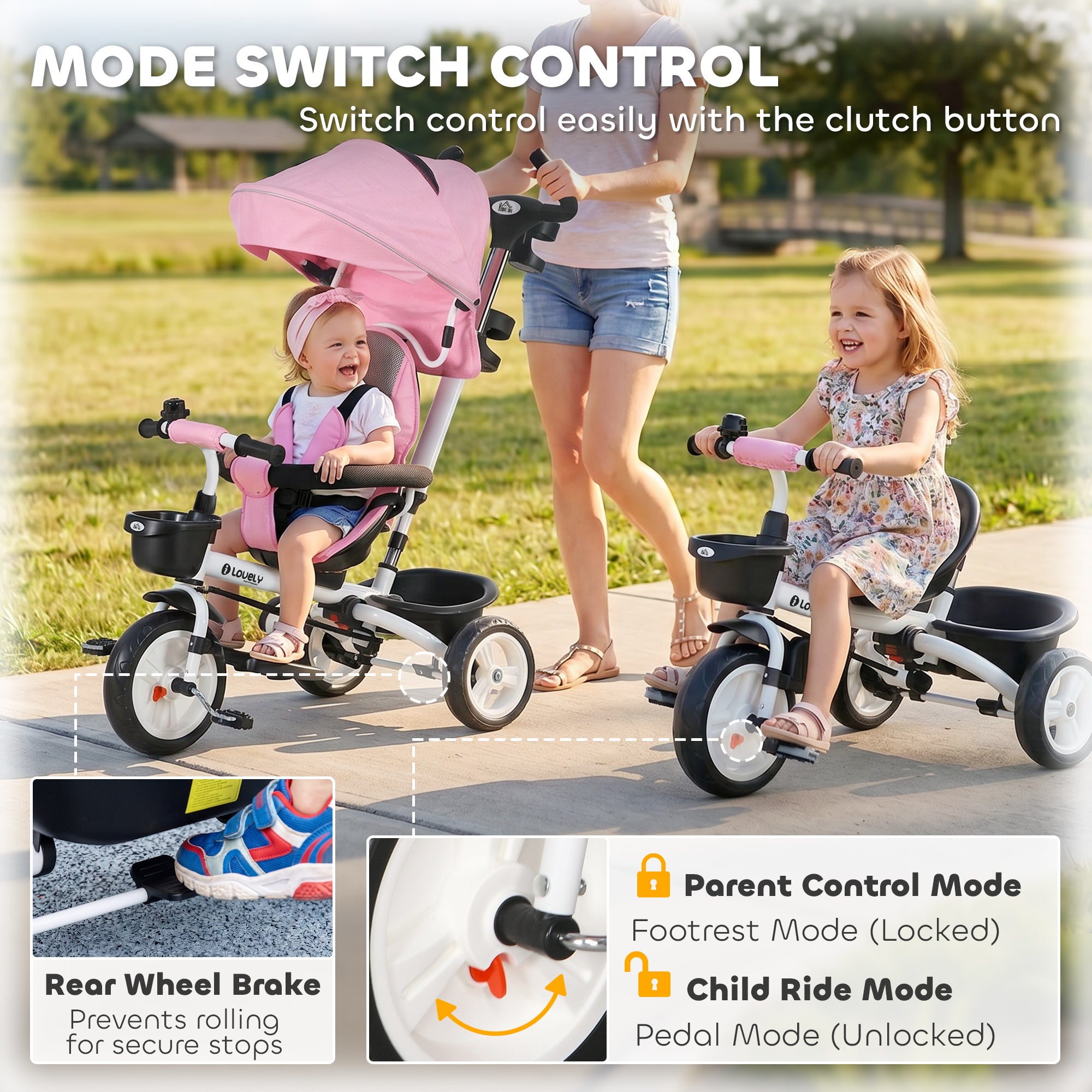 HOMCOM Metal Frame 6 in 1 Baby Push Tricycle with Parent Handle for 1-5 Years Old, Pink