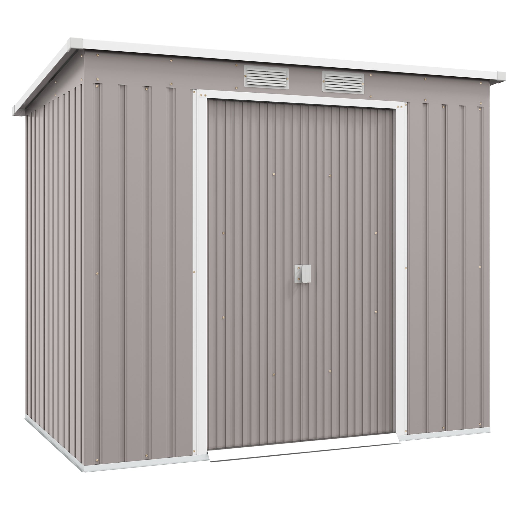 Outsunny Outdoor Lean to Garden Metal Equipment Tool Storage Shed w/ Foundation Kit, Double Door, Vents and Sloped Roof, Grey - North Peak Garden Furniture