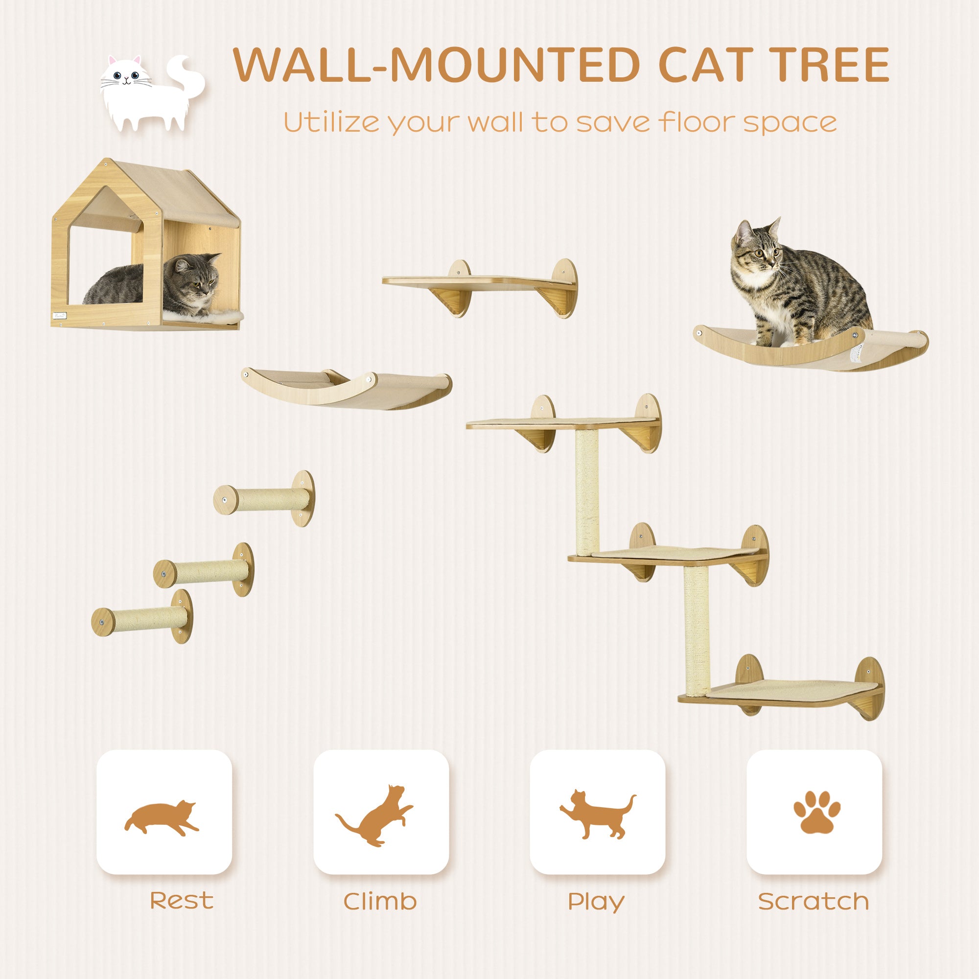 PawHut 8 Piece Cat Shelves Set, with Cat House, Three Perches, Three Scratching Posts - North Peak Garden Furniture