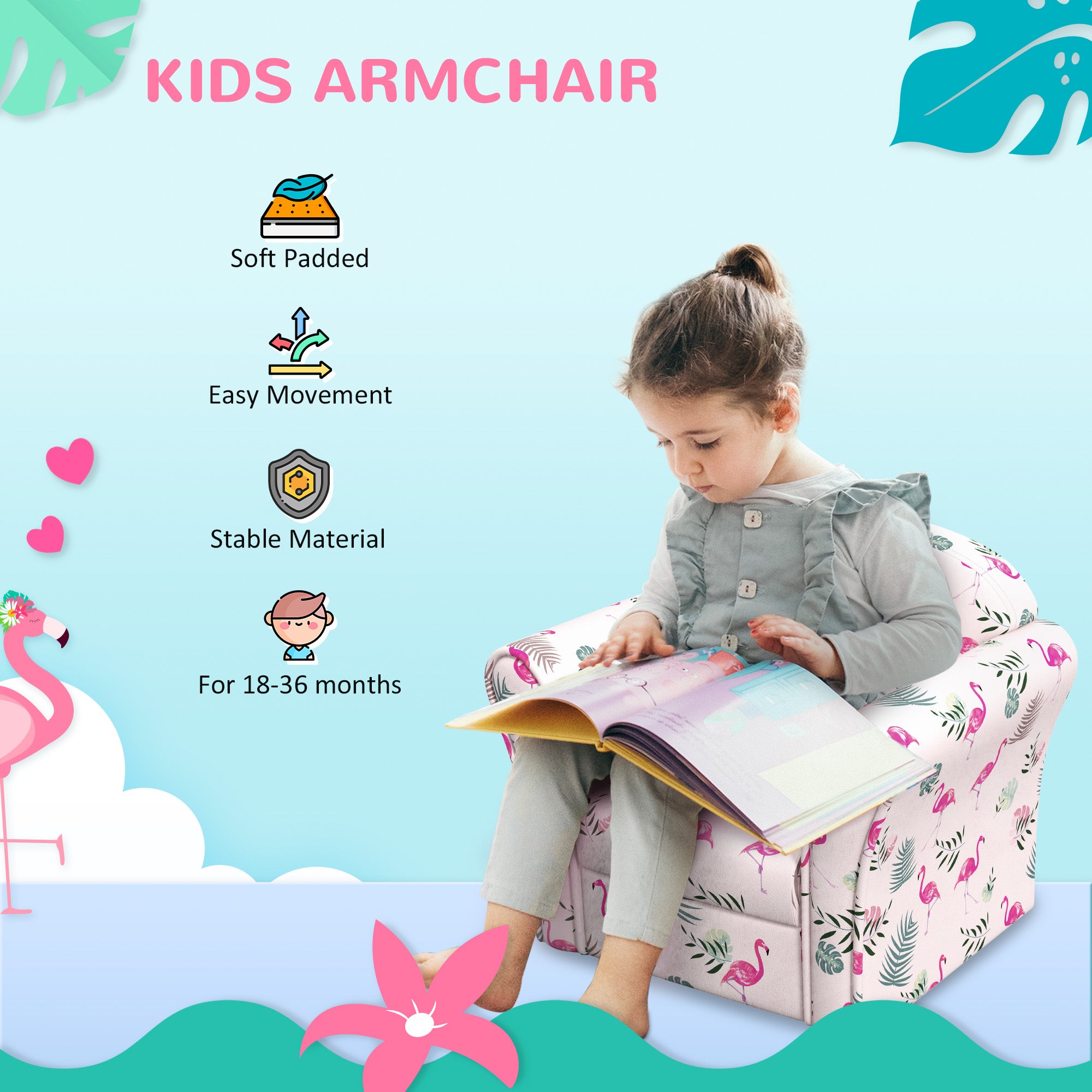 AIYAPLAY Kids Armchair with Flamingo Design, Wooden Frame, for Bedroom, Playroom, Kids Room, Pink - North Peak Garden Furniture