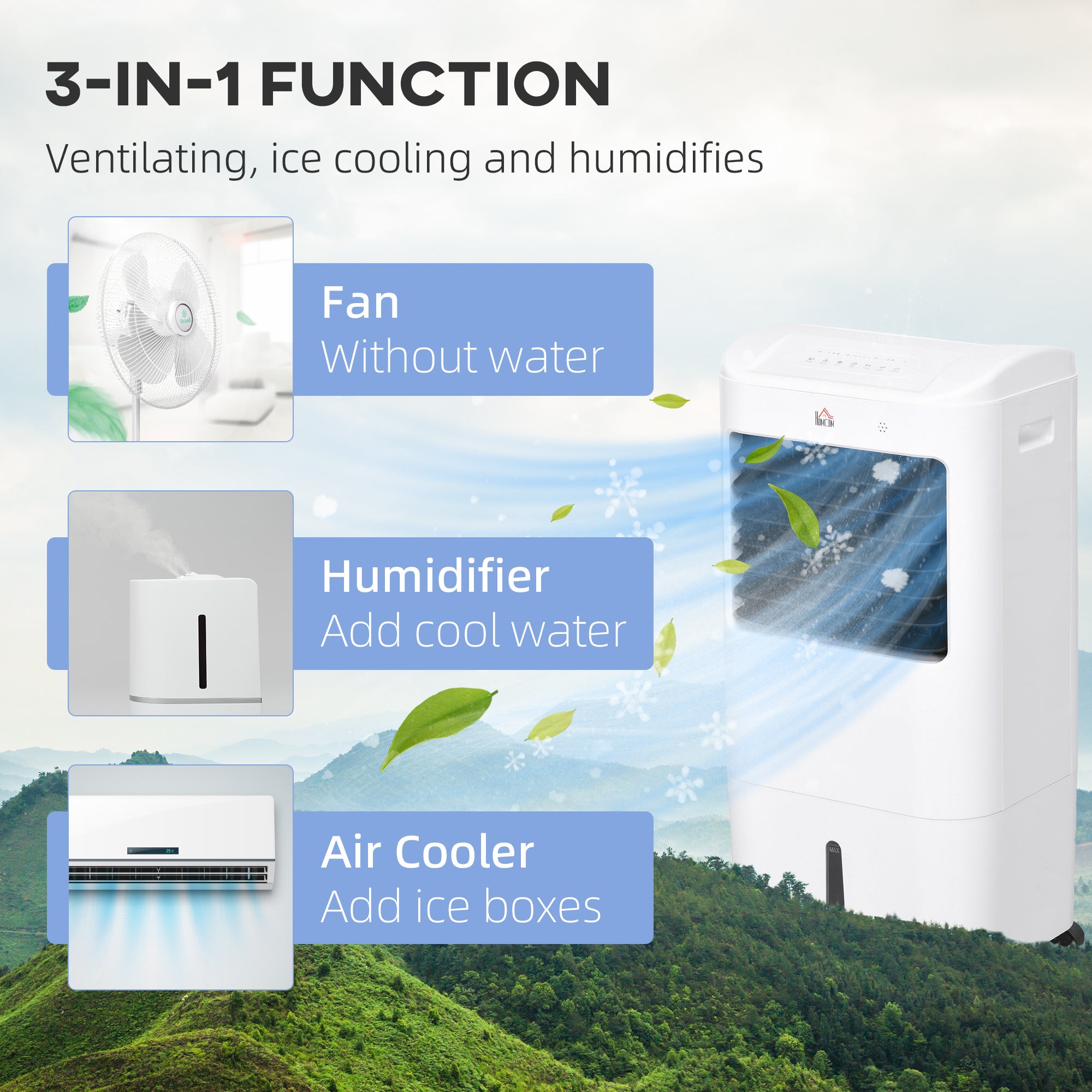 HOMCOM Portable Air Cooler with 15 Litre Water Tank, Oscillation, LED Display, Remote Control, 7.5 Hour Timer, Evaporative Air Cooler Fan with 3 Speeds, 3 Modes, Ice Packs, for Home Office