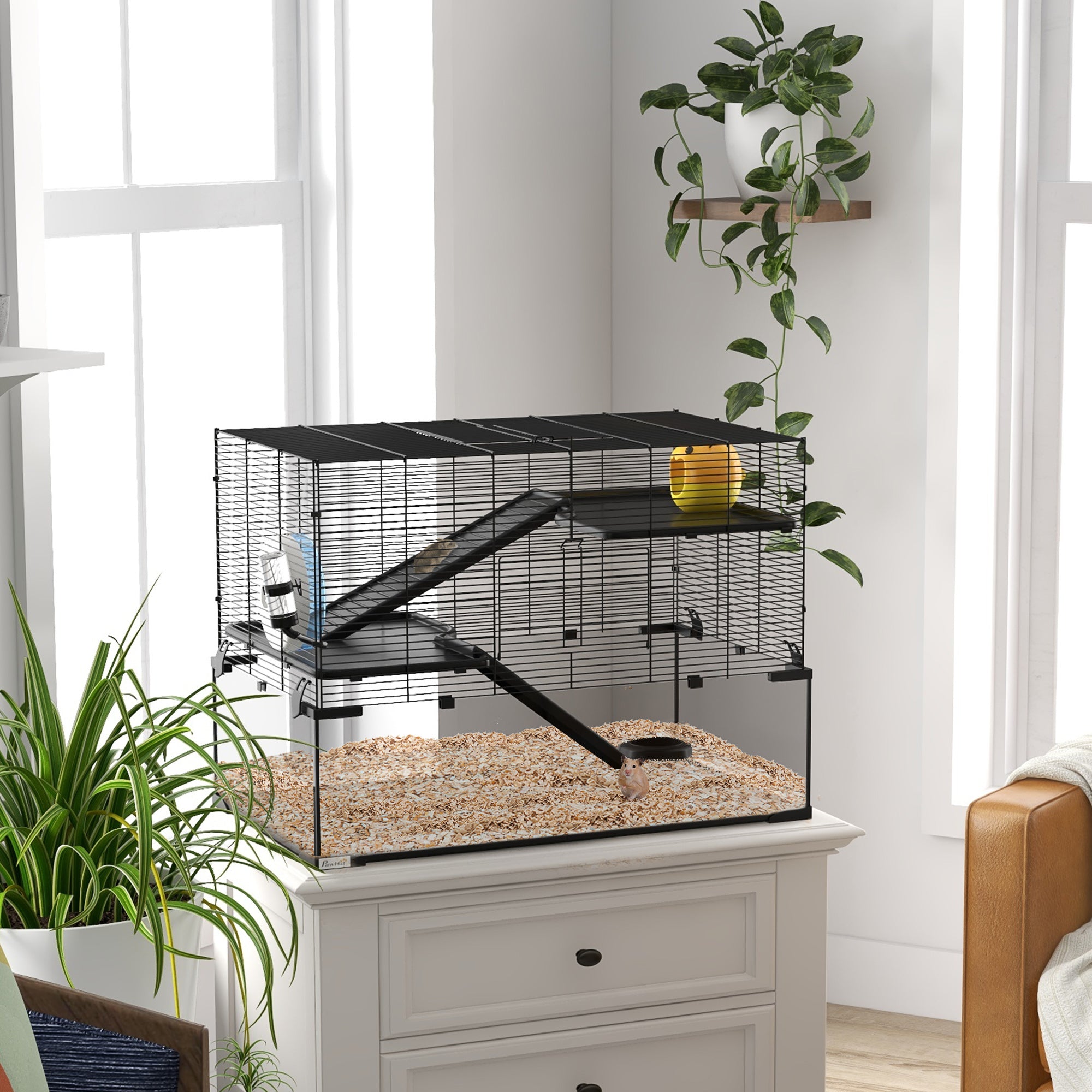 PawHut 3 Tiers Hamster Cage, Gerbil Cage with Deep Glass Bottom, Non-Slip Ramps, Platforms, Hut, Exercise Wheels, Water Bottle, Dish, for Syrian Hamster, Dwarf Hamster, 78.5 x 48.5 x 57cm - North Peak Garden Furniture