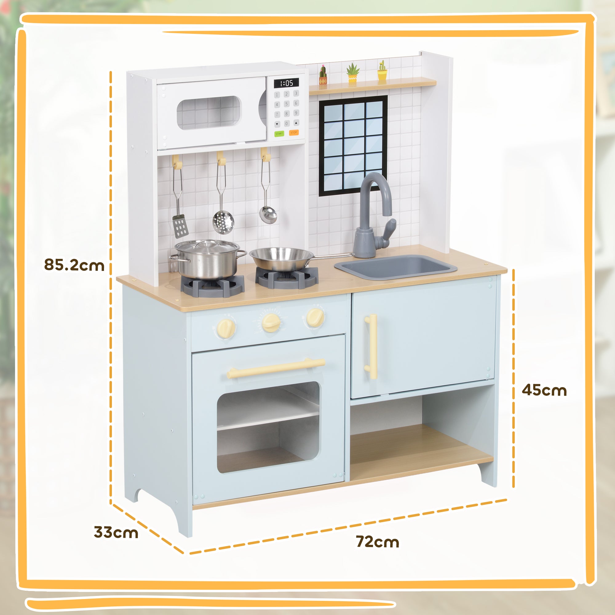 AIYAPLAY Pretend Play Kitchen, Kids Kitchen Playset with Light & Sound Stove, Turning Knobs, Cooking Accessories
