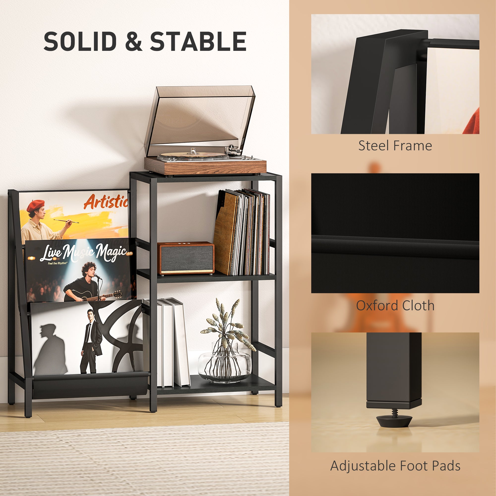 HOMCOM 3-Tier Record Player Stand, End Table for Living Room, Bedroom - Black Wood Effect - North Peak Garden Furniture