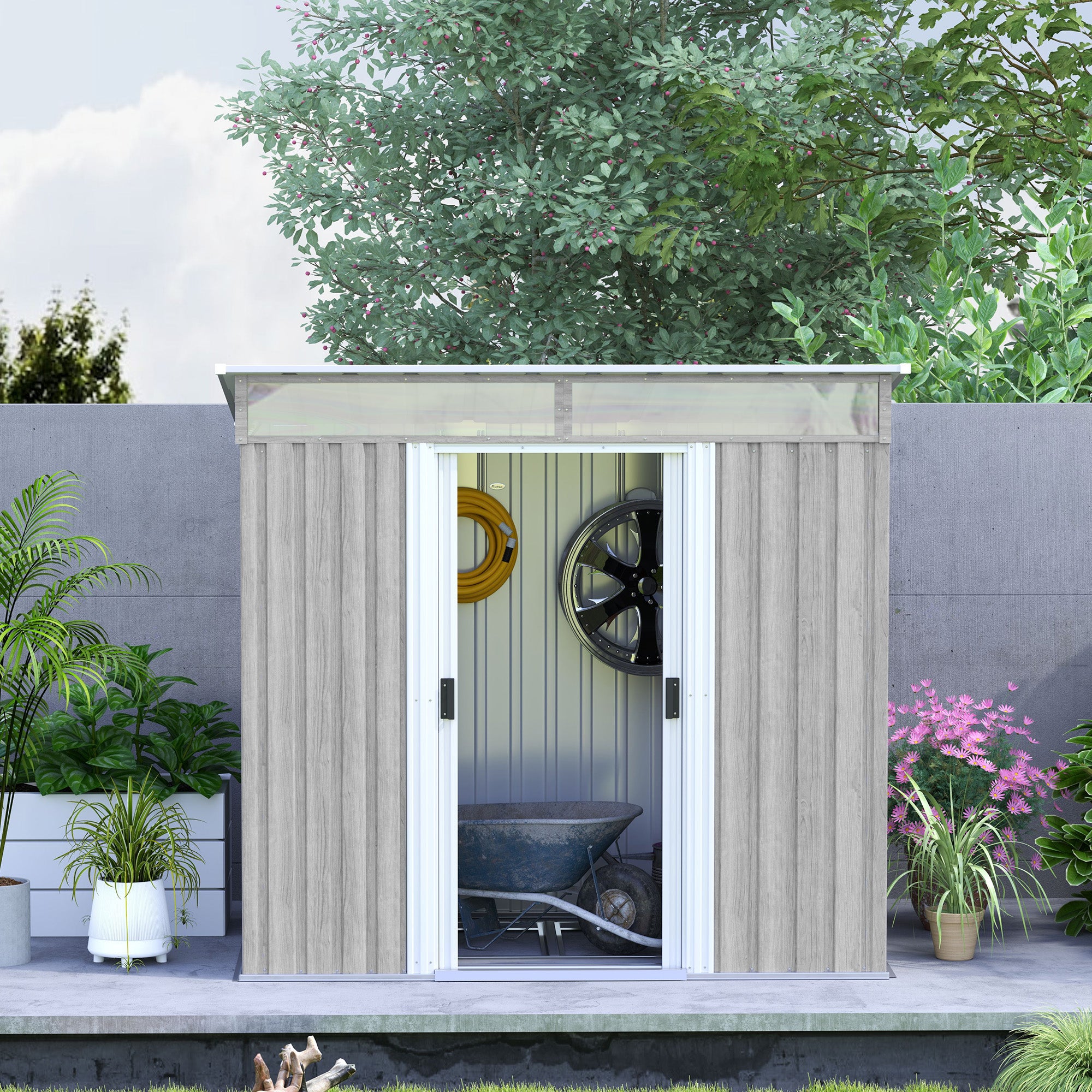 Outsunny 6.5 x 4FT Galvanised Metal Shed with Foundation Kit, Lockable Tool Garden Shed with Double Sliding Doors, Vents, Light Grey Wood Effect - North Peak Garden Furniture