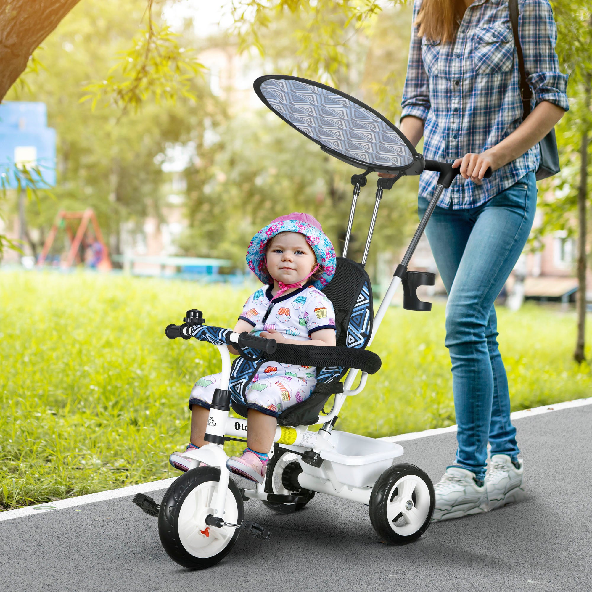 HOMCOM 6 in 1 Tricycle for Kids with 5-point harness straps, Removable Canopy, Blue - North Peak Garden Furniture
