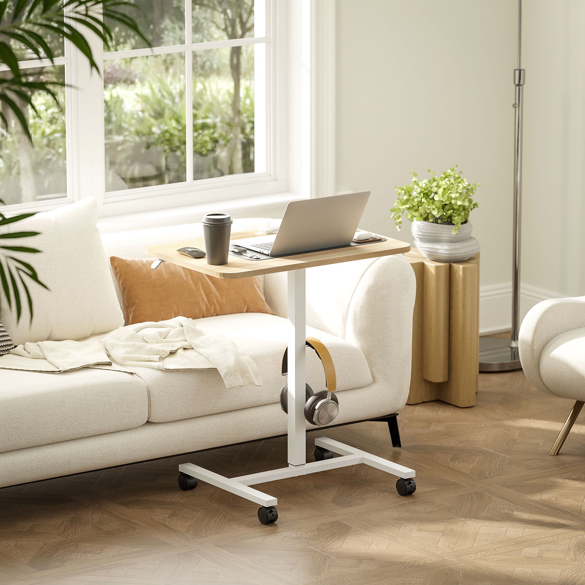 HOMCOM 75-115cm Manual Adjustable Sit-To-Stand Desk - White/Wood-Effect - North Peak Garden Furniture