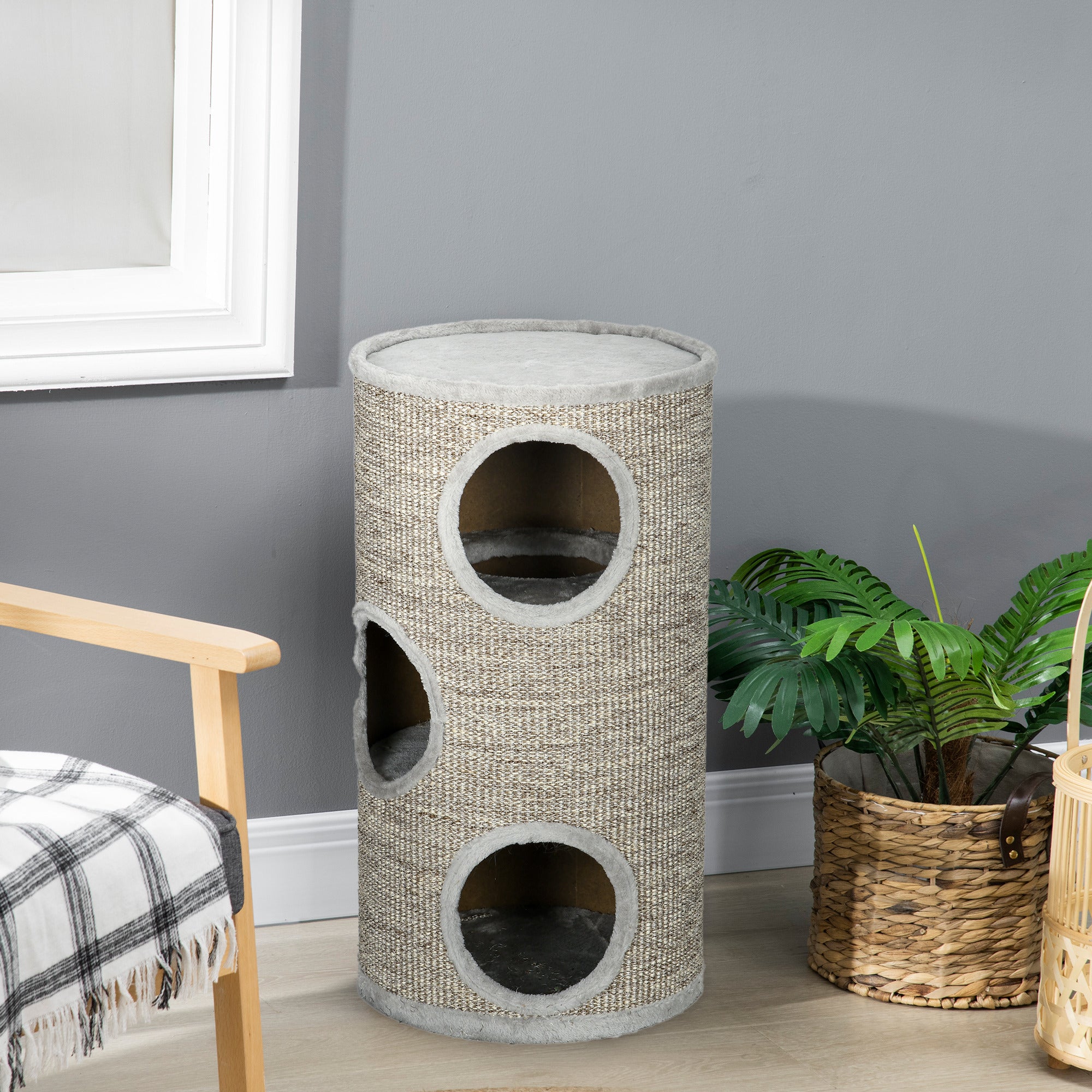 PawHut Cat Climbing Frame, Covered with Sisal, Cosy Platform - Light Grey - North Peak Garden Furniture