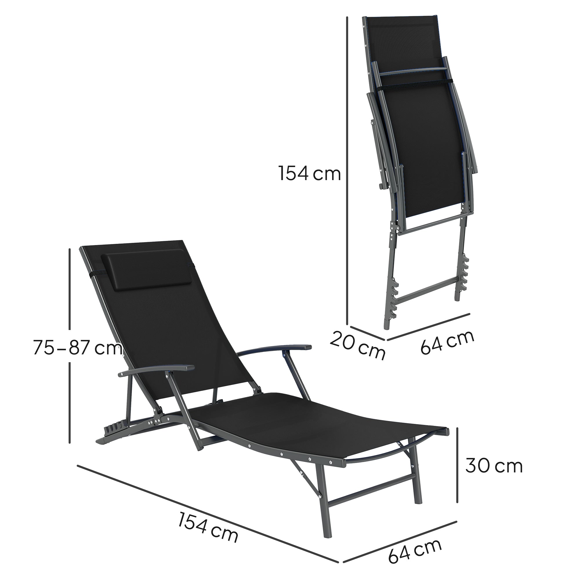 Outsunny Set of Two Adjustable Back Sun Loungers - Black - North Peak Garden Furniture