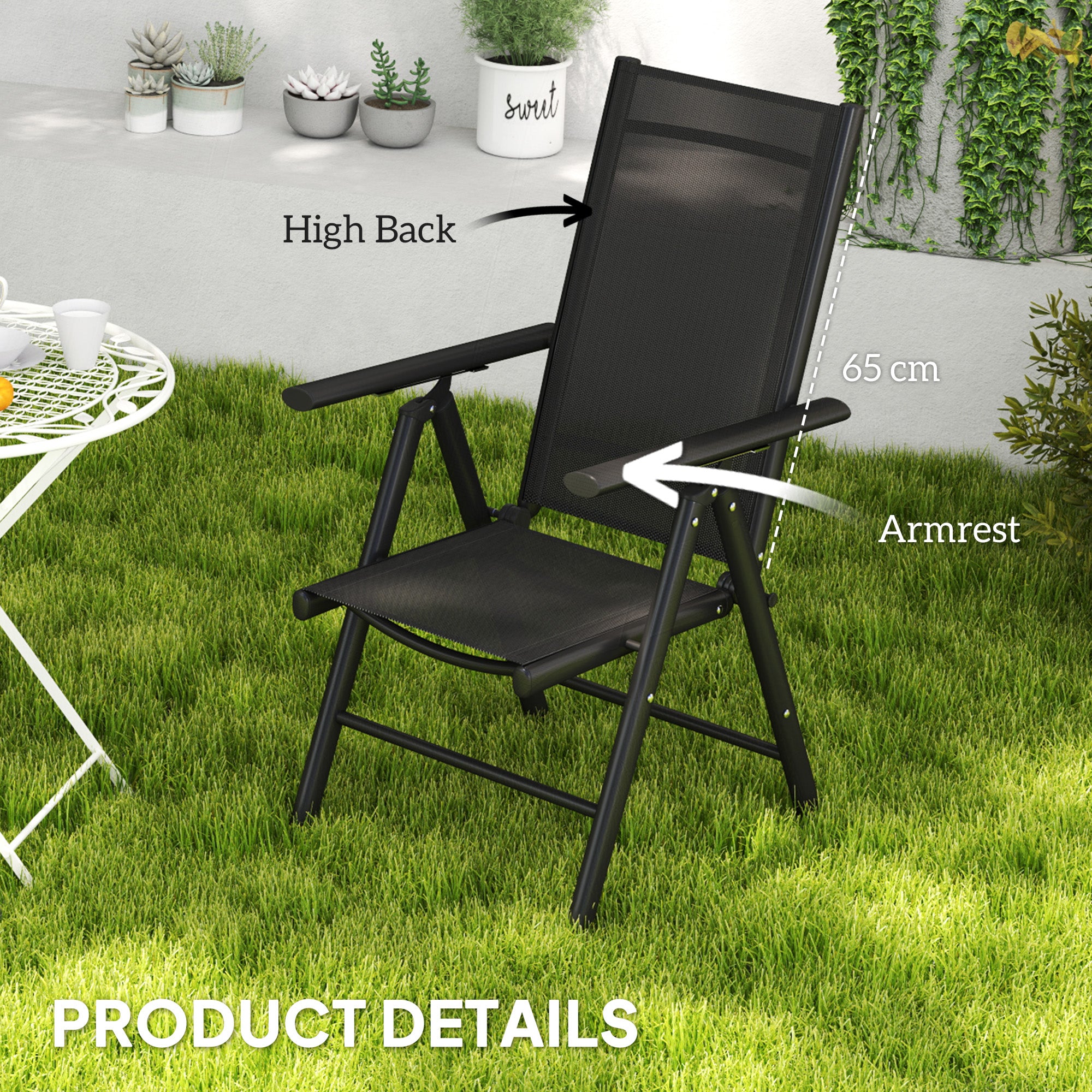 Outsunny Set of 2 Folding Chair, Aluminium Frame Outdoor Camping Chairs with Breathable Mesh Back and Seat, Garden Chair Set with Armrests for Balcony, Black - North Peak Garden Furniture