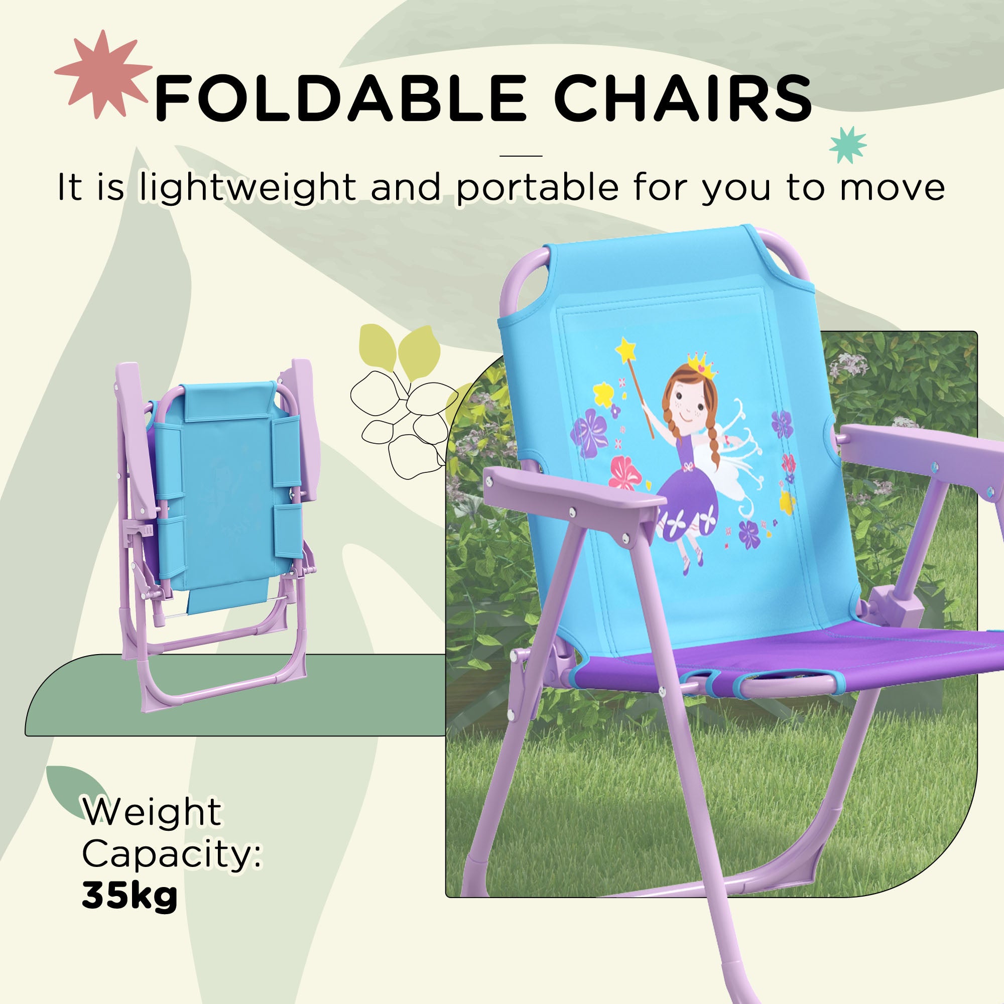 Outsunny Kids Picnic Table and Chair Set, Fairy Themed Outdoor Garden Furniture w/ Foldable Chairs, Adjustable Parasol - North Peak Garden Furniture