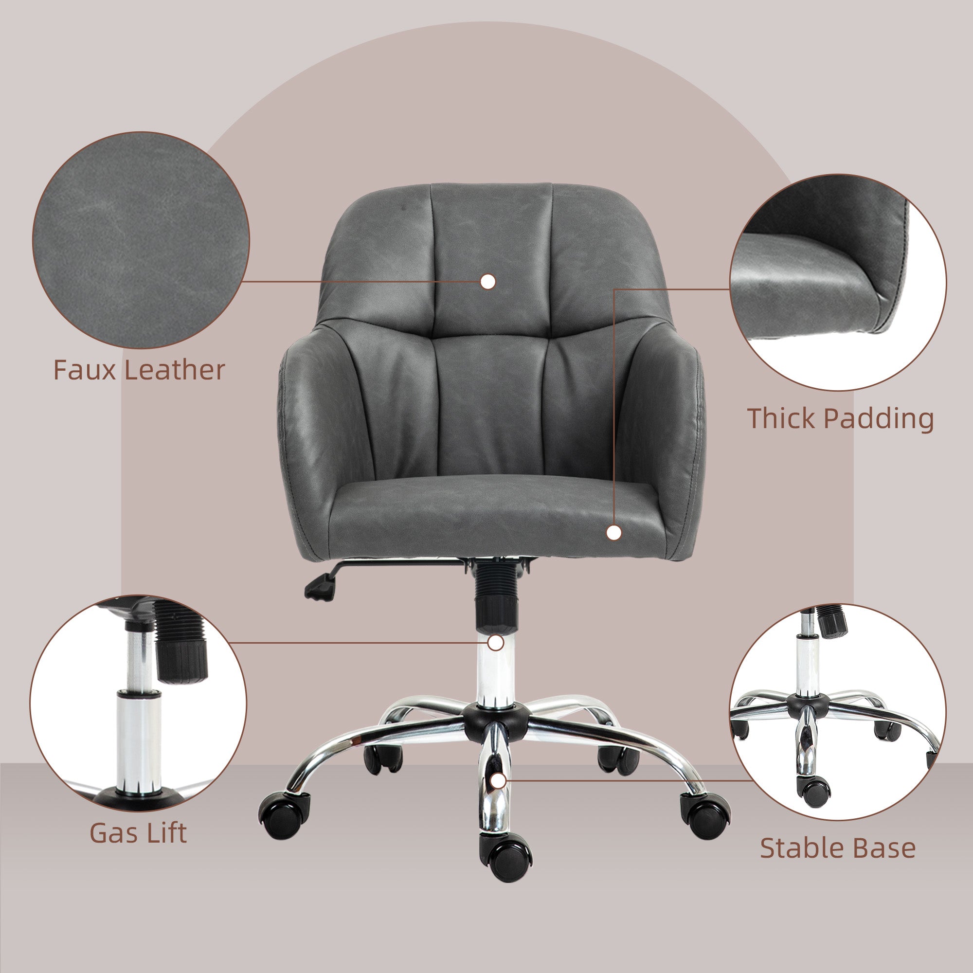 HOMCOM Faux Leather Tub Office Chair, with Wheels - Grey - North Peak Garden Furniture