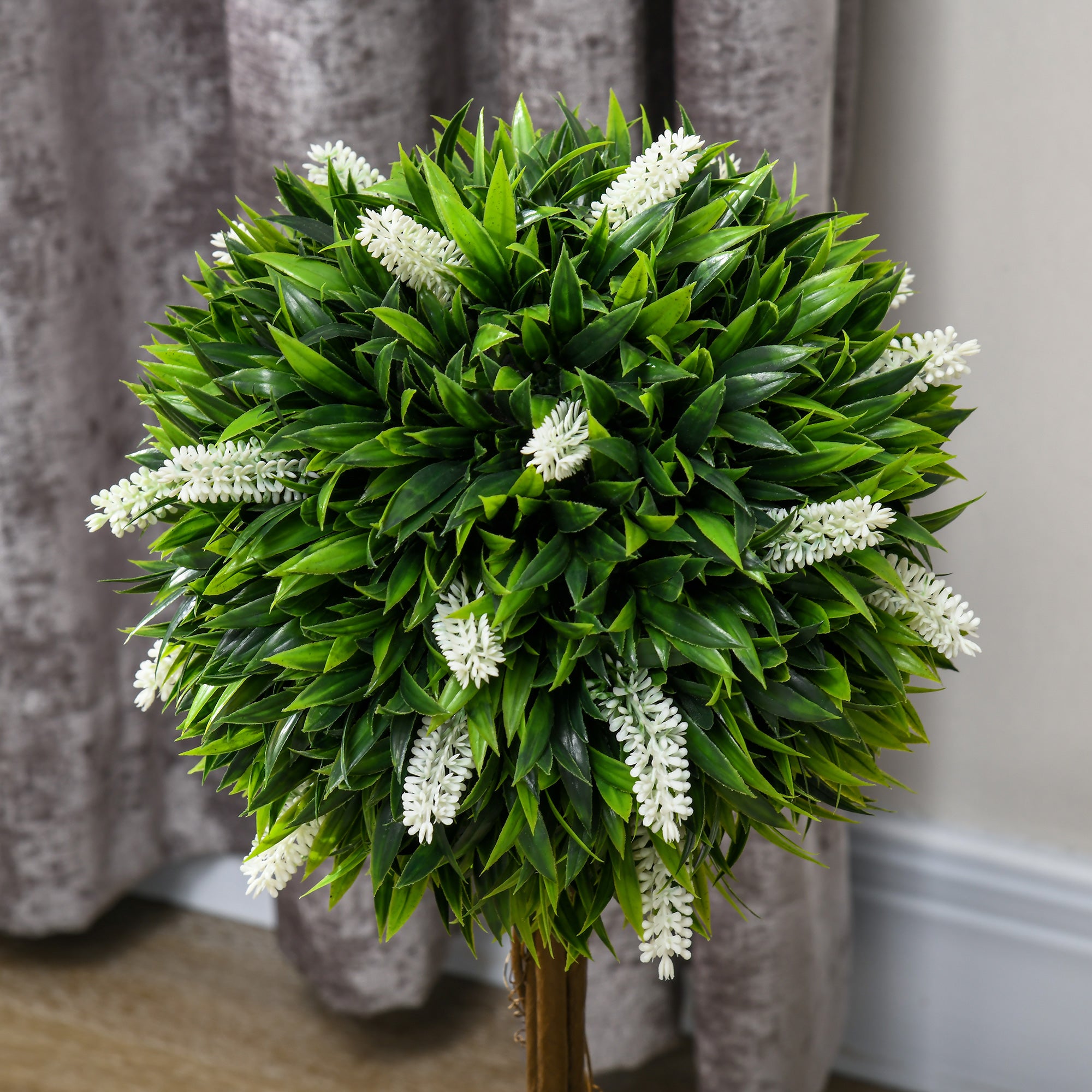 HOMCOM Set of 2 Decorative Artificial Plants Ball Trees with Flower for Home Indoor Outdoor Decor, 60cm ,White - North Peak Garden Furniture