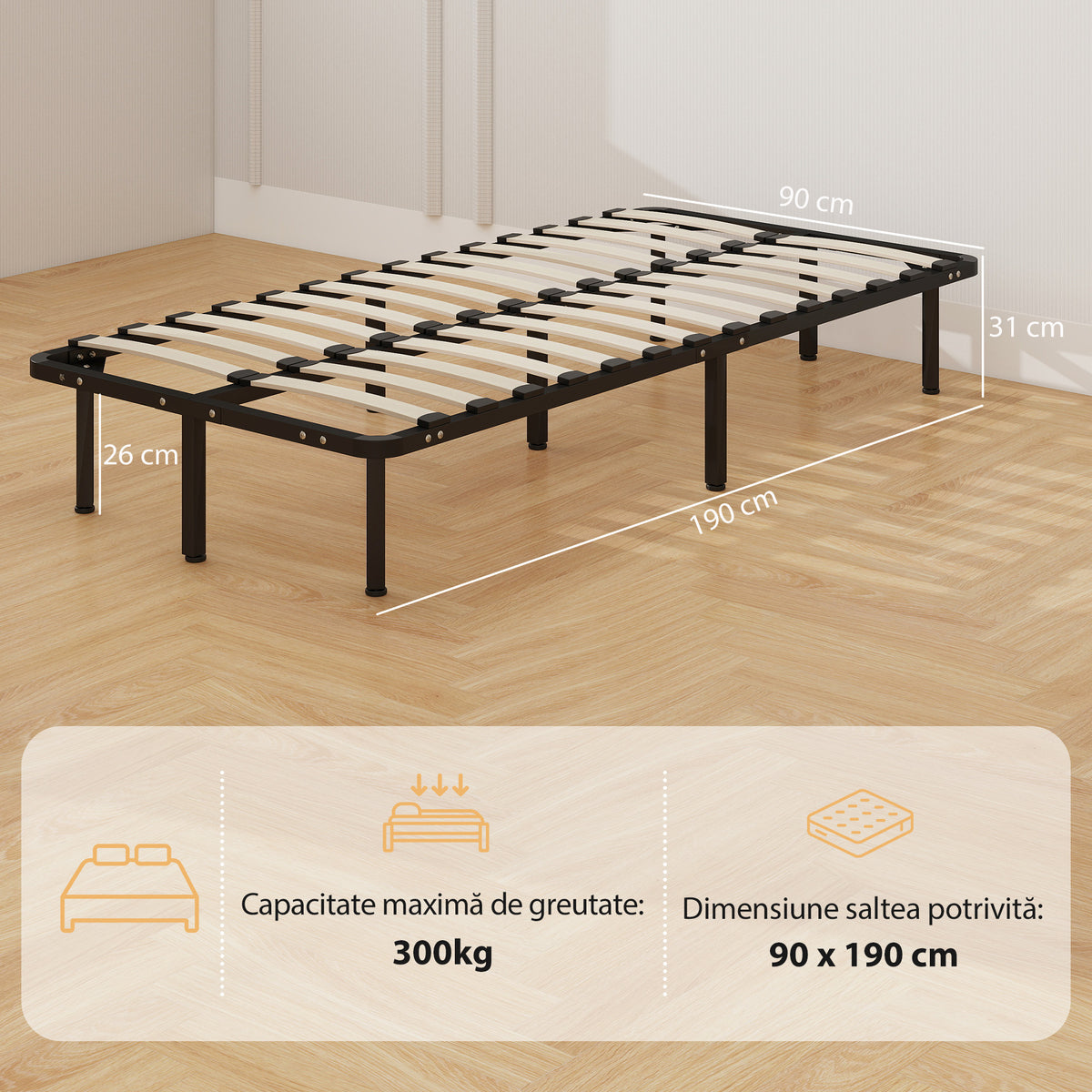 HOMCOM 3ft Single Bed Frame, Metal Platform Bed Frame with 2 x 14 Wood Slats, No Box Spring Needed, Underbed Storage, Black