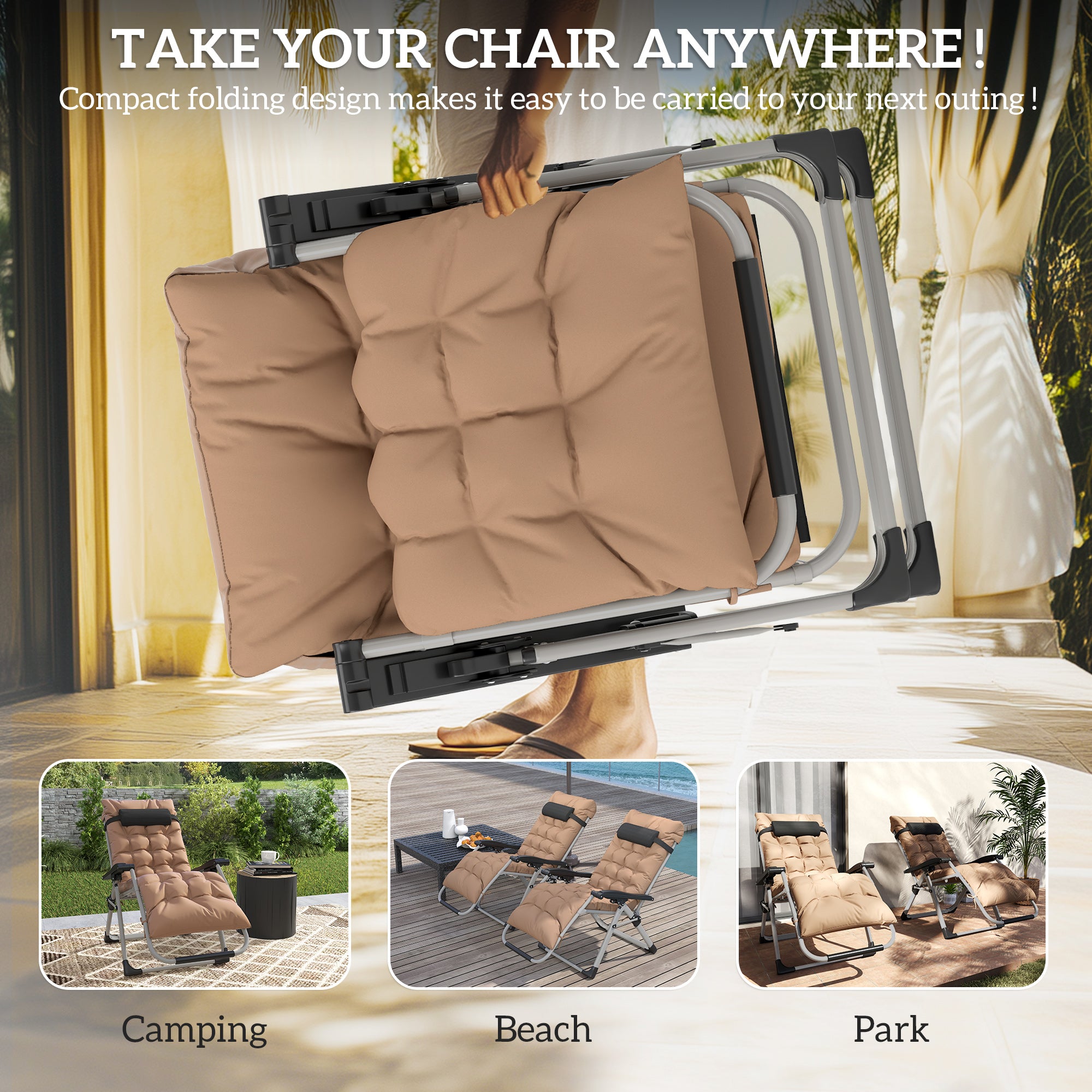 Outsunny 2 Piece Reclining Zero Gravity Sun Loungers with Cushions, Khaki - North Peak Garden Furniture