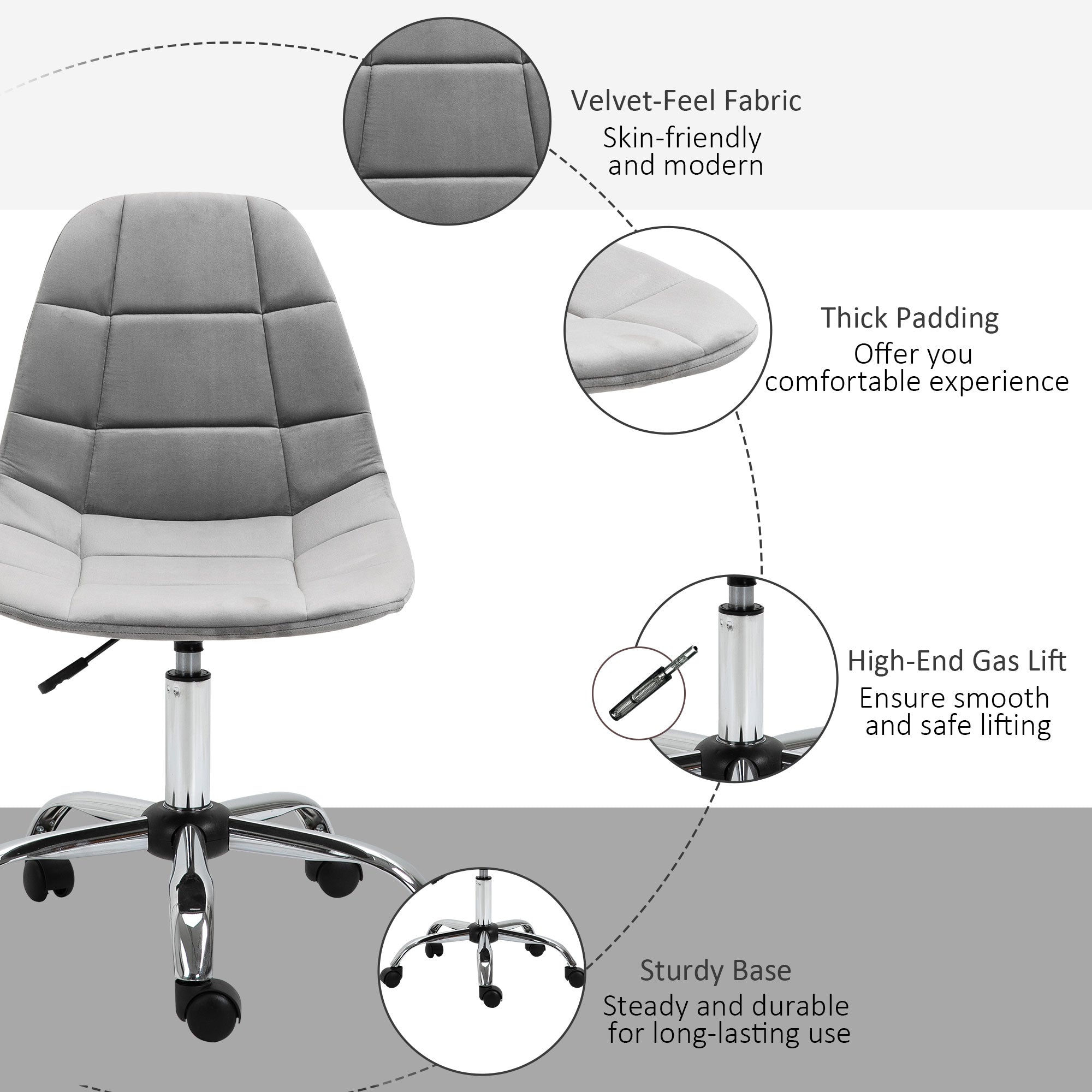 Vinsetto Ergonomic Office Chair with Adjustable Height and Wheels Velvet Executive Chair Armless for Home Study Bedroom Grey - North Peak Garden Furniture