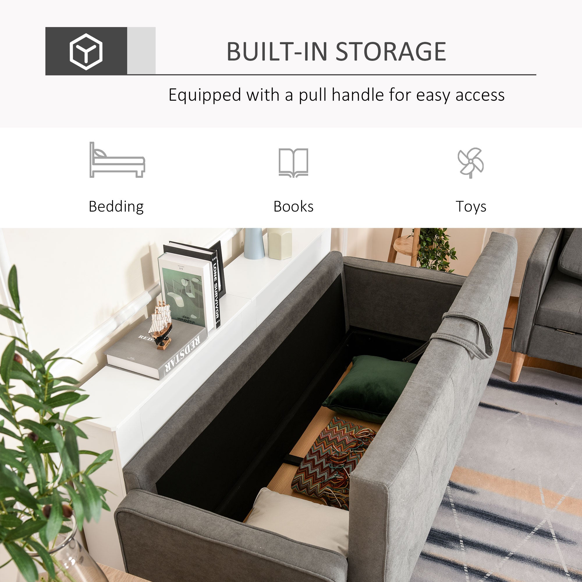 HOMCOM Modern 3 Seater Sofa with Hidden Storage, 169cm Tufted Cotton Couch with Wood Legs, Compact Sofa for Living Room, Grey - North Peak Garden Furniture