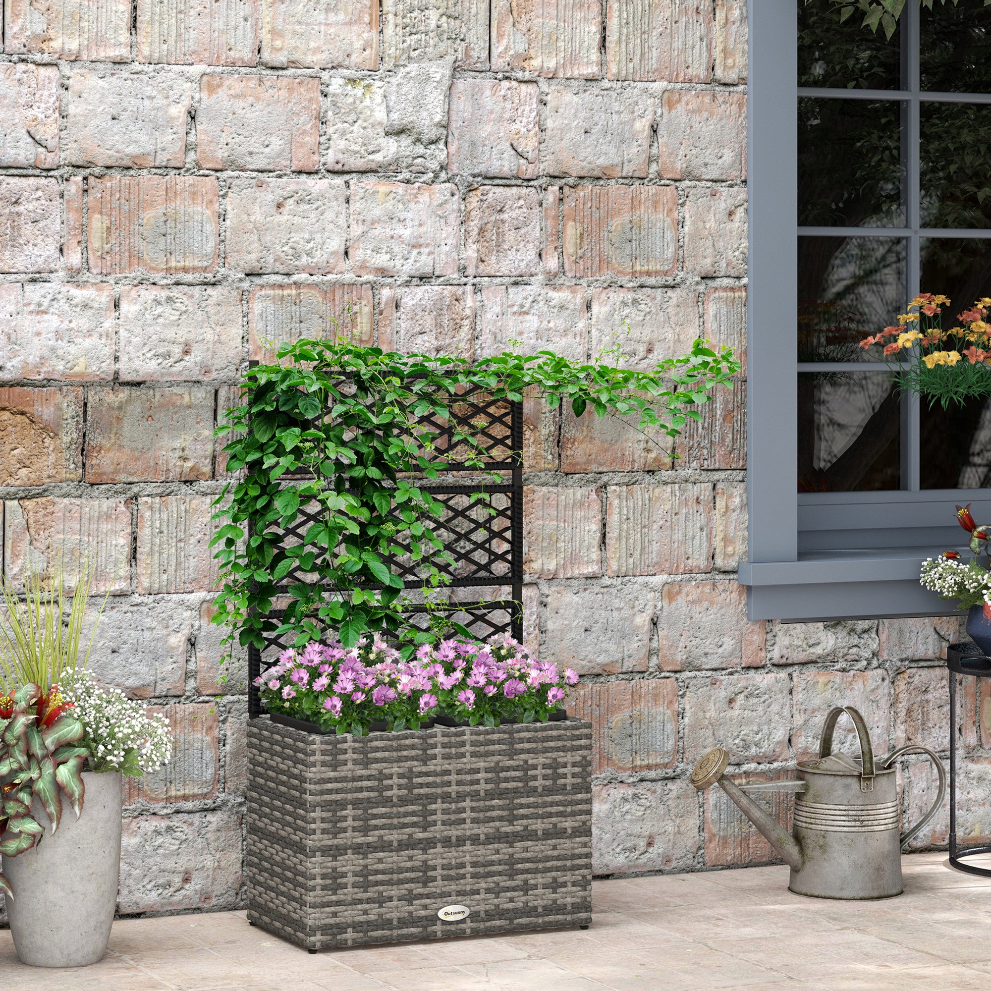 Outsunny 22L Garden PE Rattan Planter with Trellis, Free Standing Flower Raised Bed with Two Plant Boxes for Garden, Garden Planter for Climbing Plants, 57cm x 30cm x 107cm, Mixed Grey