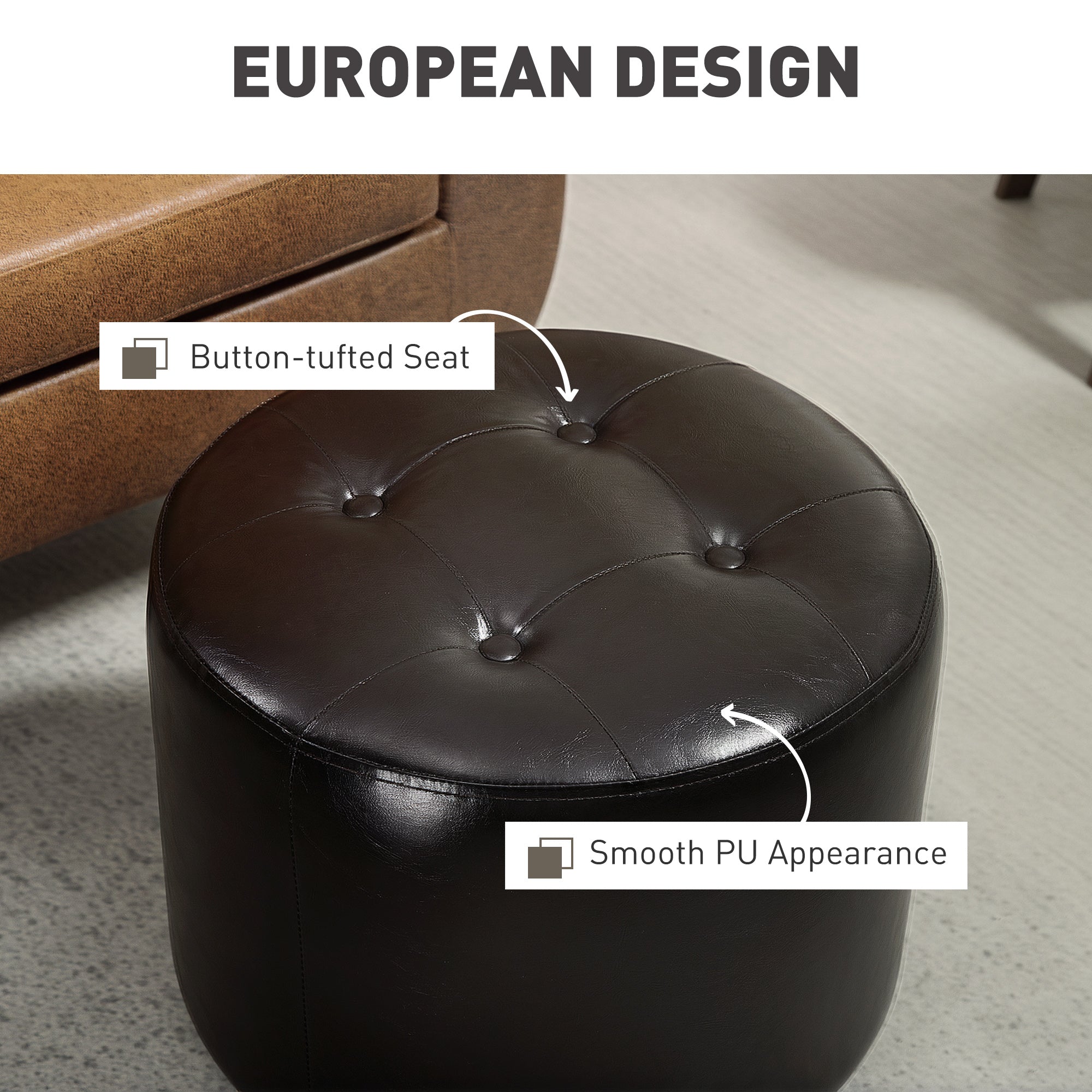 HOMCOM 360° Swivel Foot Stool Round PU Footstool with Thick Sponge Padding and Solid Steel Base, Brown - North Peak Garden Furniture