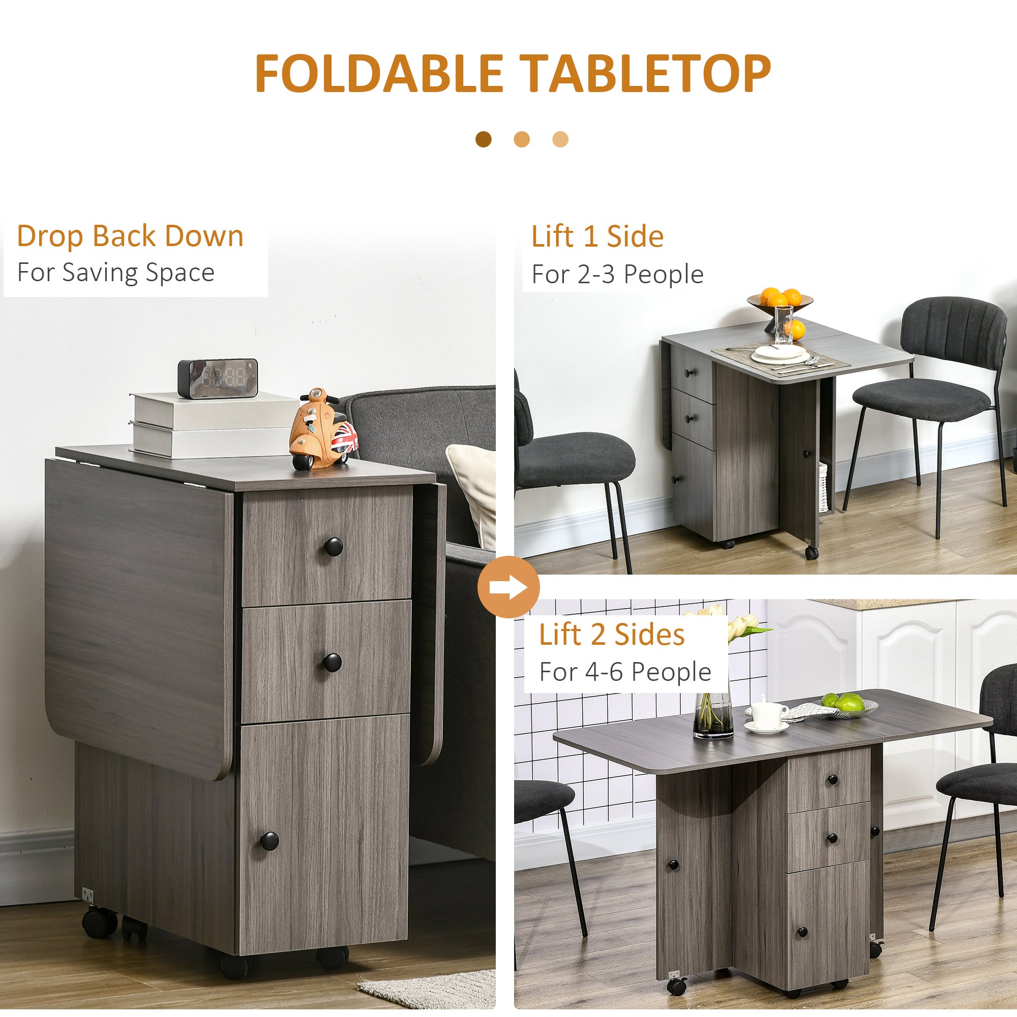 HOMCOM Multi-Storage Six-Person Drop Leaf Dining Table - Grey - North Peak Garden Furniture