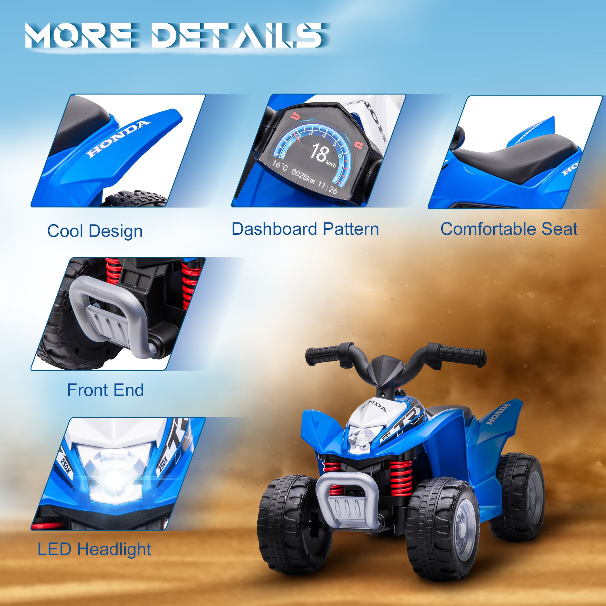 AIYAPLAY Honda Licensed Kids Electric Quad Bike, 6V ATV Ride On for Ages 1.5-3 Years, Blue - North Peak Garden Furniture