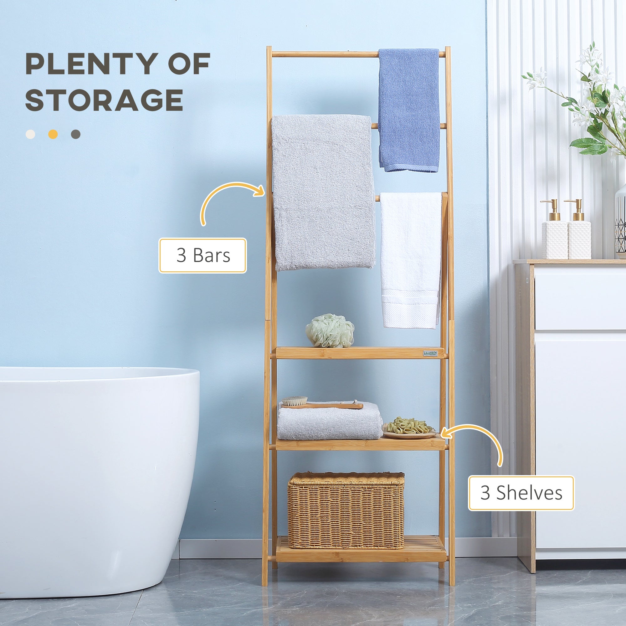 kleankin Freestanding Natural Bamboo Towel Rack with 3 Towel Rails and 3 Storage Shelves, Space-Saving Foldable Towel Holder for Bathroom - North Peak Garden Furniture