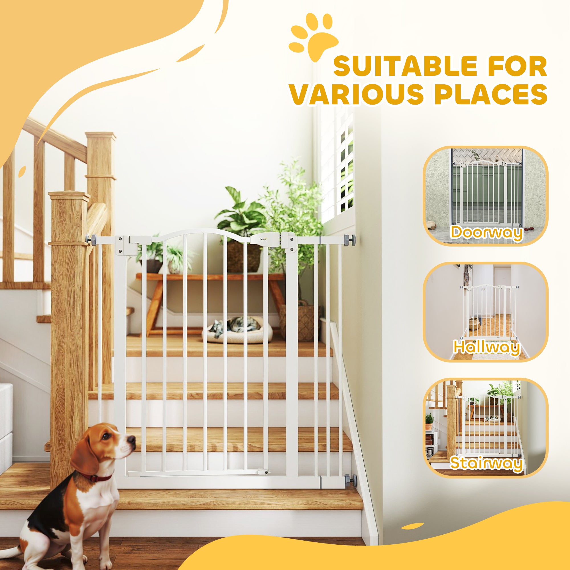PawHut Metal 74-87cm Adjustable Pet Gate Safety Barrier w/ Auto-Close Door White