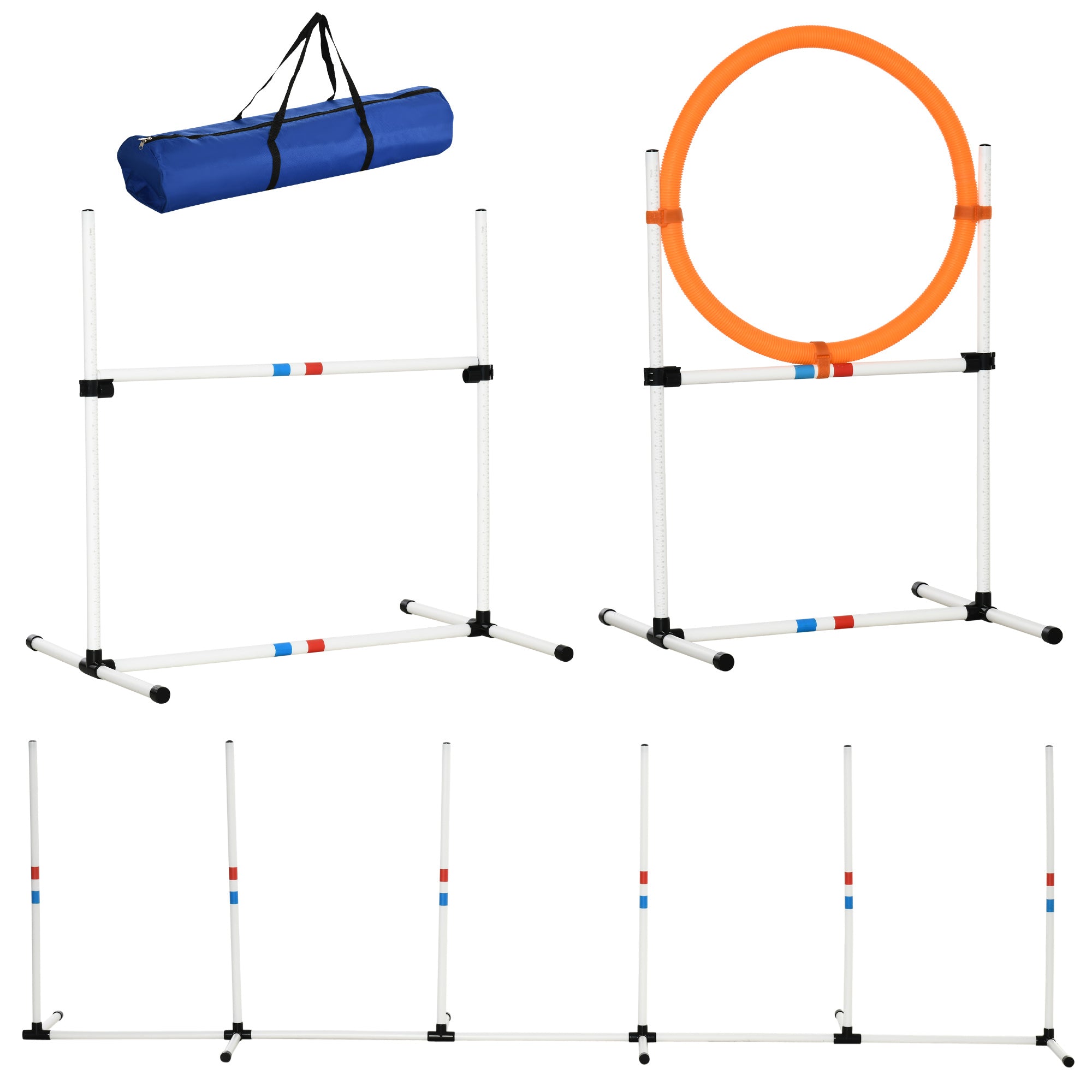 PawHut 3 Piece Pet Agility Training Equipment Dog Play Run Jump Obedience Training Set Adjustable (Pole + Hoop + Hurdle) - North Peak Garden Furniture