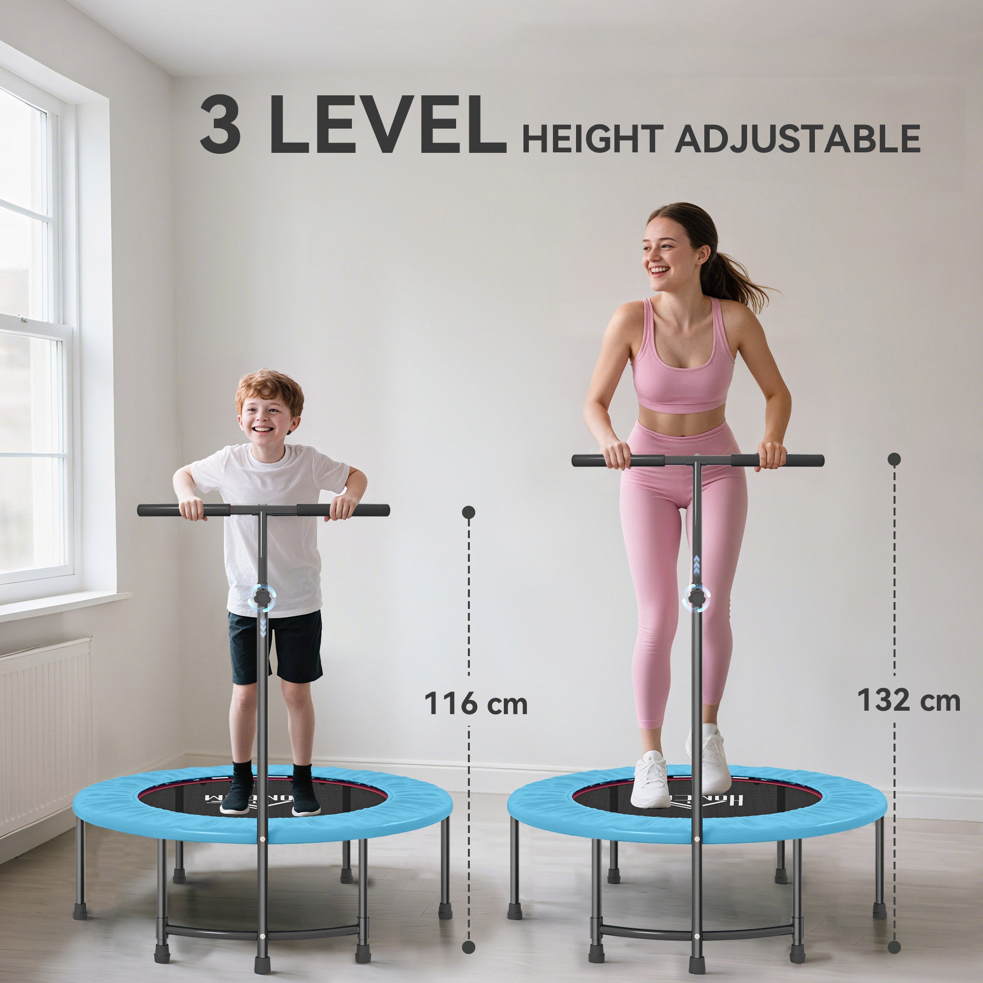 HOMCOM 40'' Fitness Trampoline with Adjustable Handle, Rebounder Trampoline Mini Jumper for Indoor Exercise Workout, Support Up to 100kg, Blue