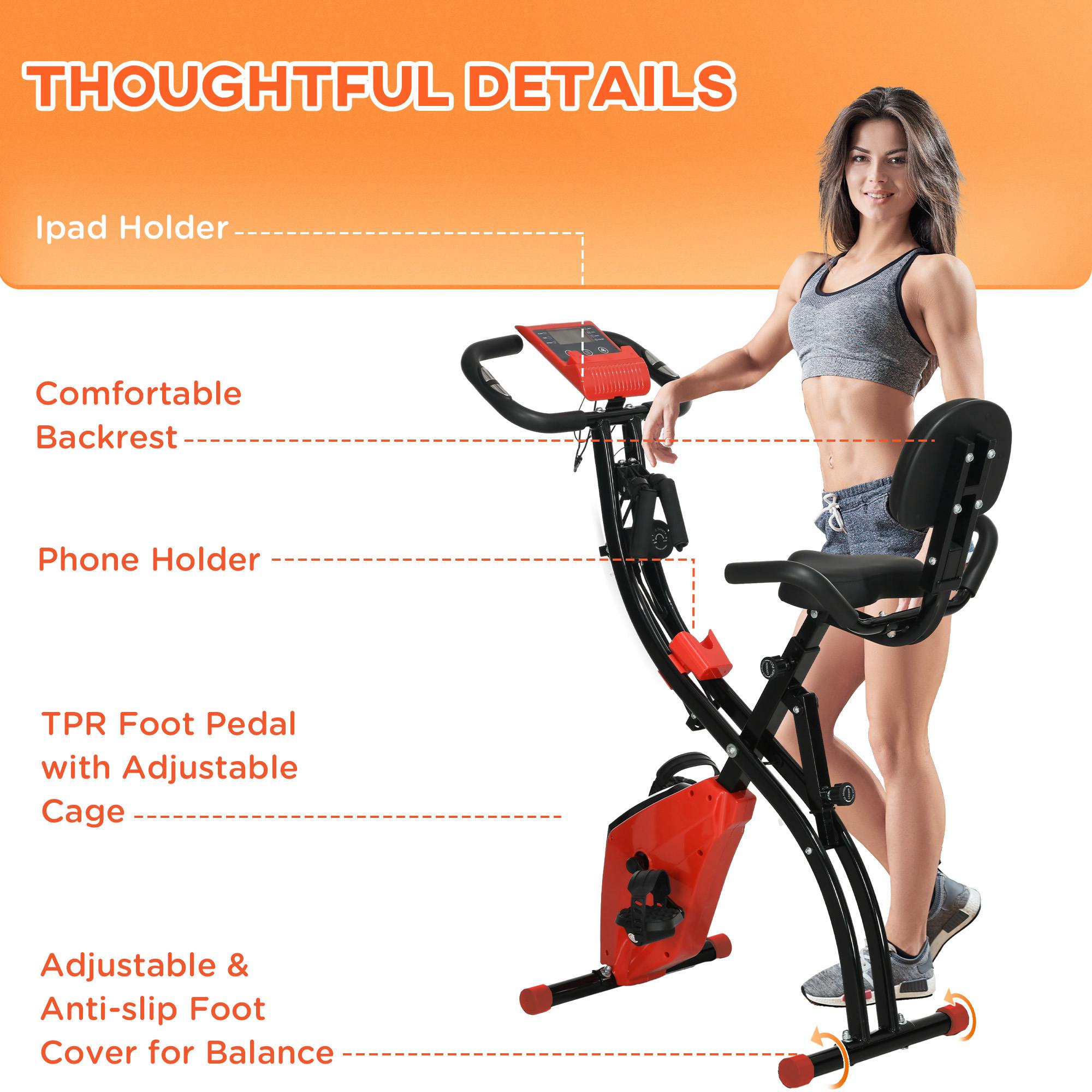 HOMCOM 2-in-1 Folding Exercise Bike with 8-Level Magnetic Resistance, Arm Resistance Band, Pulse Sensor, Red - North Peak Garden Furniture
