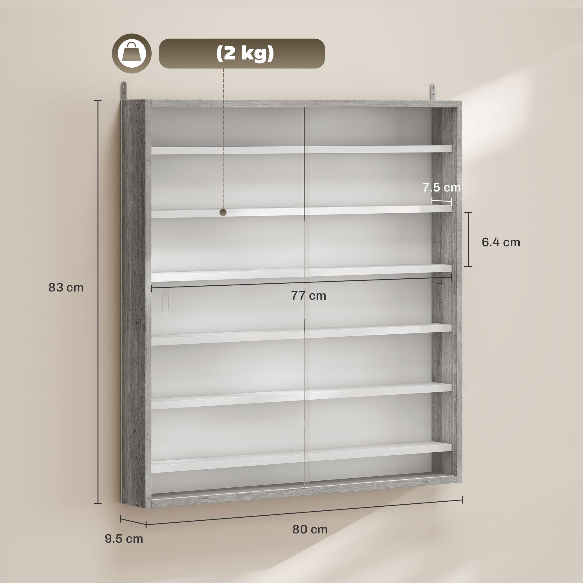 HOMCOM Six Shelf Display Cabinet, with Glass Doors - Graphite Wood Effect