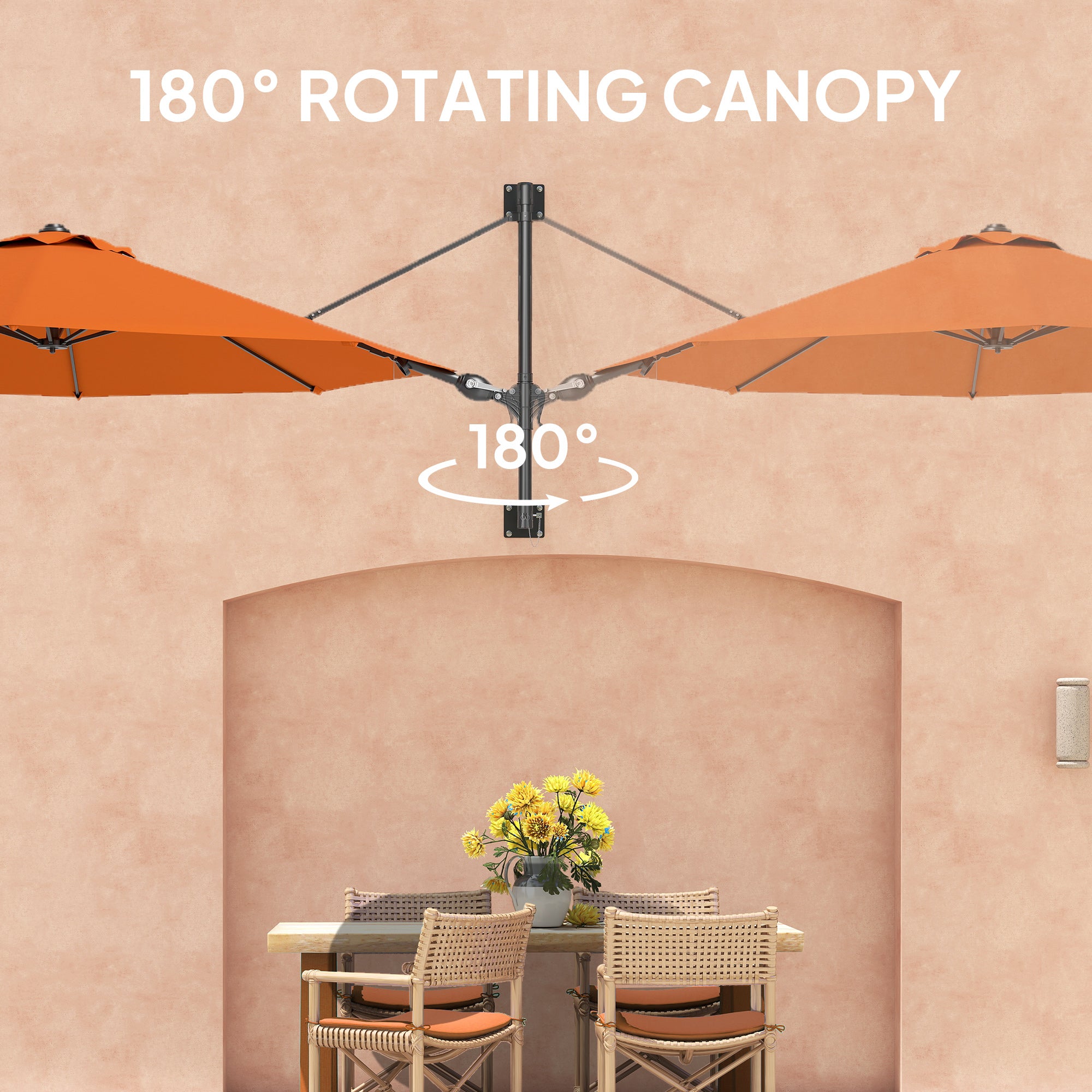 Outsunny 3(m) Wall-Mounted Parasol Shade, with Handle - Orange - North Peak Garden Furniture